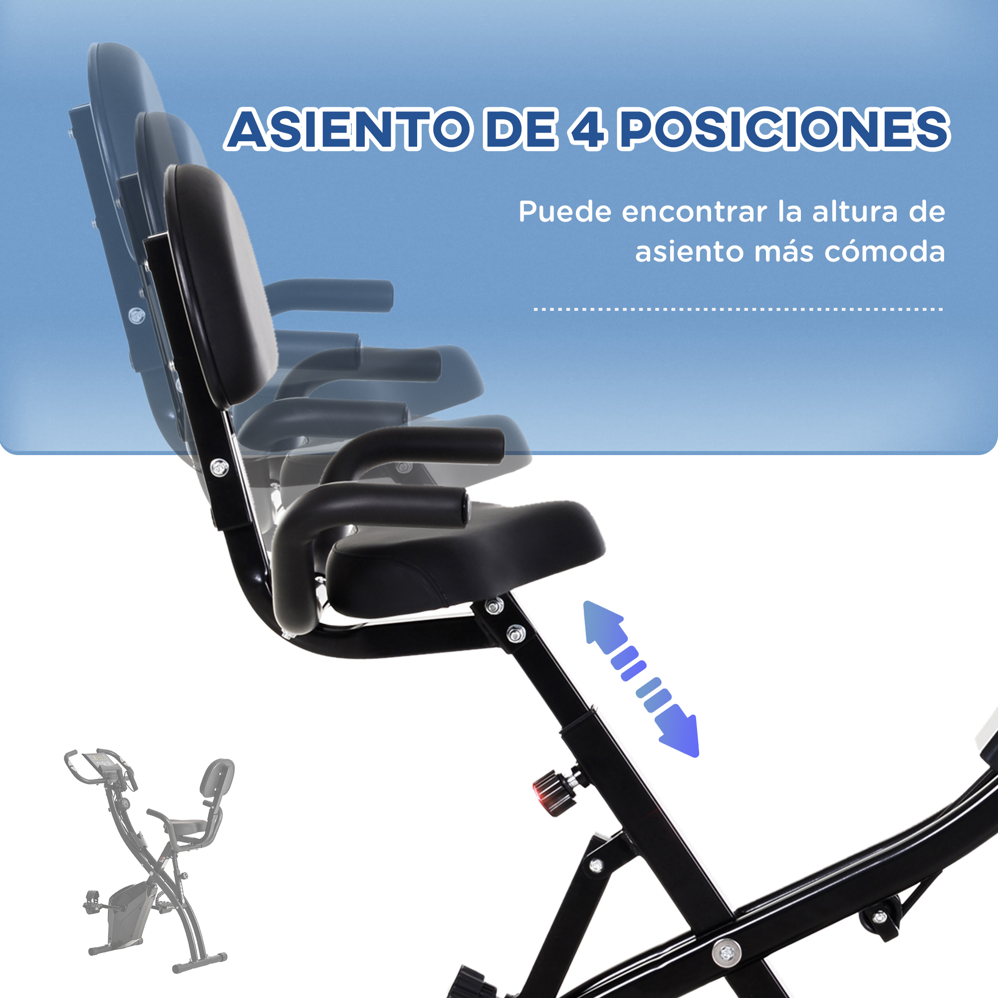 Bicicleta estática con asiento ajustable. El asiento se puede ajustar en cuatro posiciones para mayor comodidad.