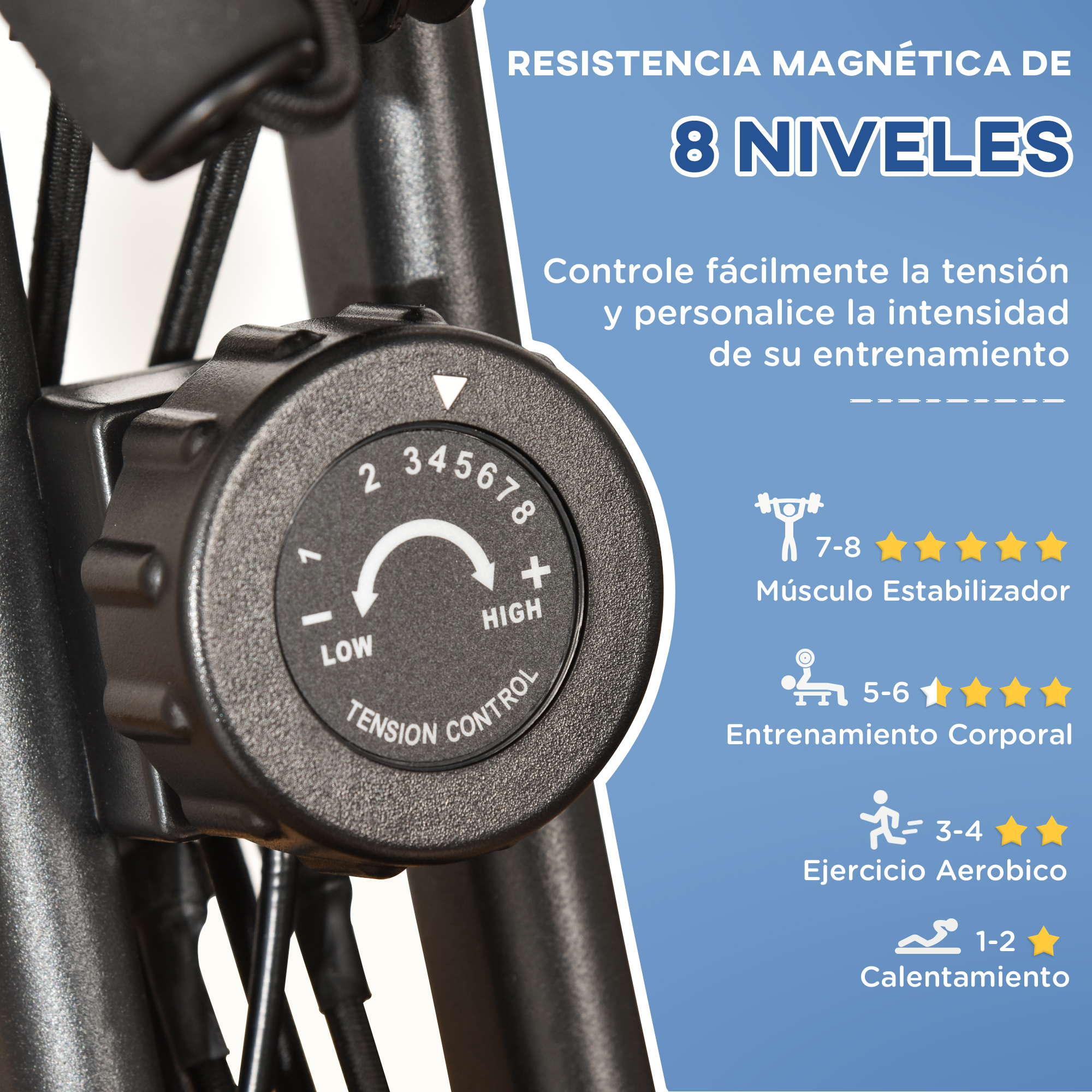 Un primer plano de un dial de máquina de ejercicios negro con texto y clasificaciones por estrellas.