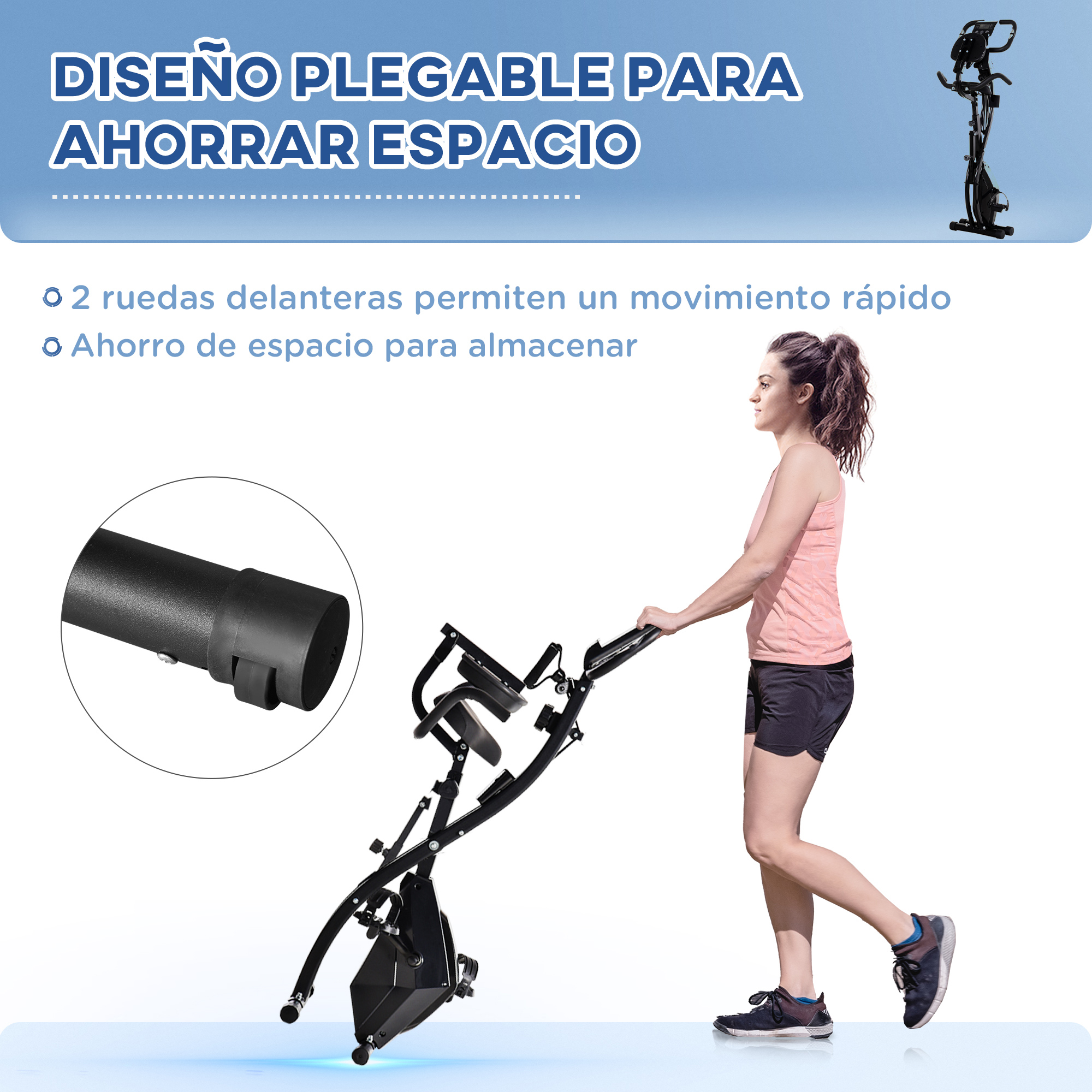 Una mujer empujando una bicicleta de ejercicio plegable. Destaca su portabilidad y diseño de ahorro de espacio.