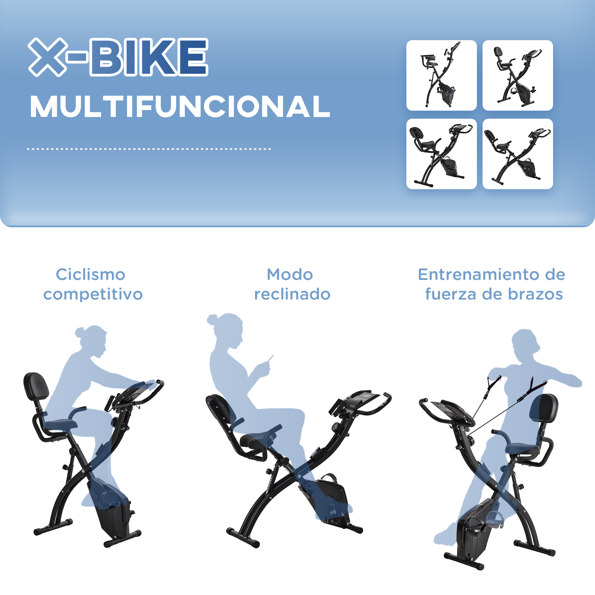 Imágenes que muestran una bicicleta de ejercicios multifuncional con diferentes modos. El texto explica los tipos.