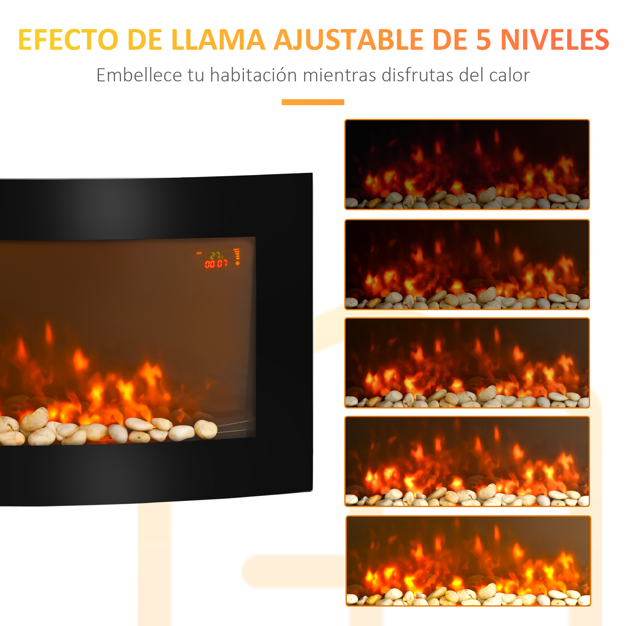 Chimenea eléctrica negra con niveles de llama ajustables y base de piedra. Ejemplos de múltiples efectos de llama.