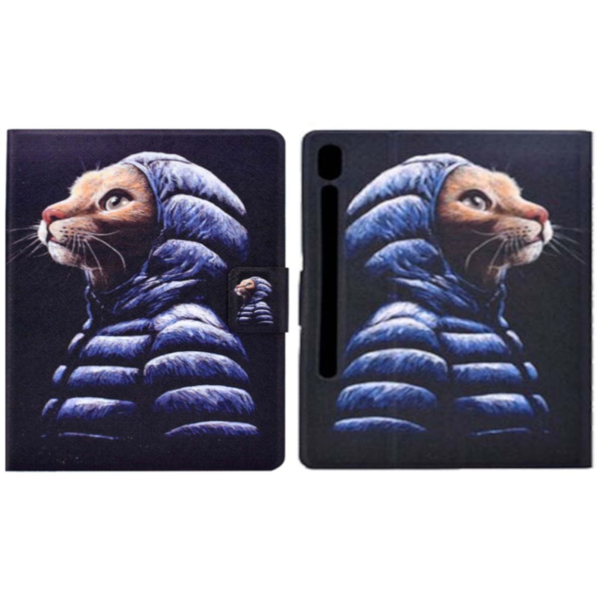 Tablethülle mit einer Katze in Kapuzenjacke. Die Hülle ist schwarz und dunkelblau.
