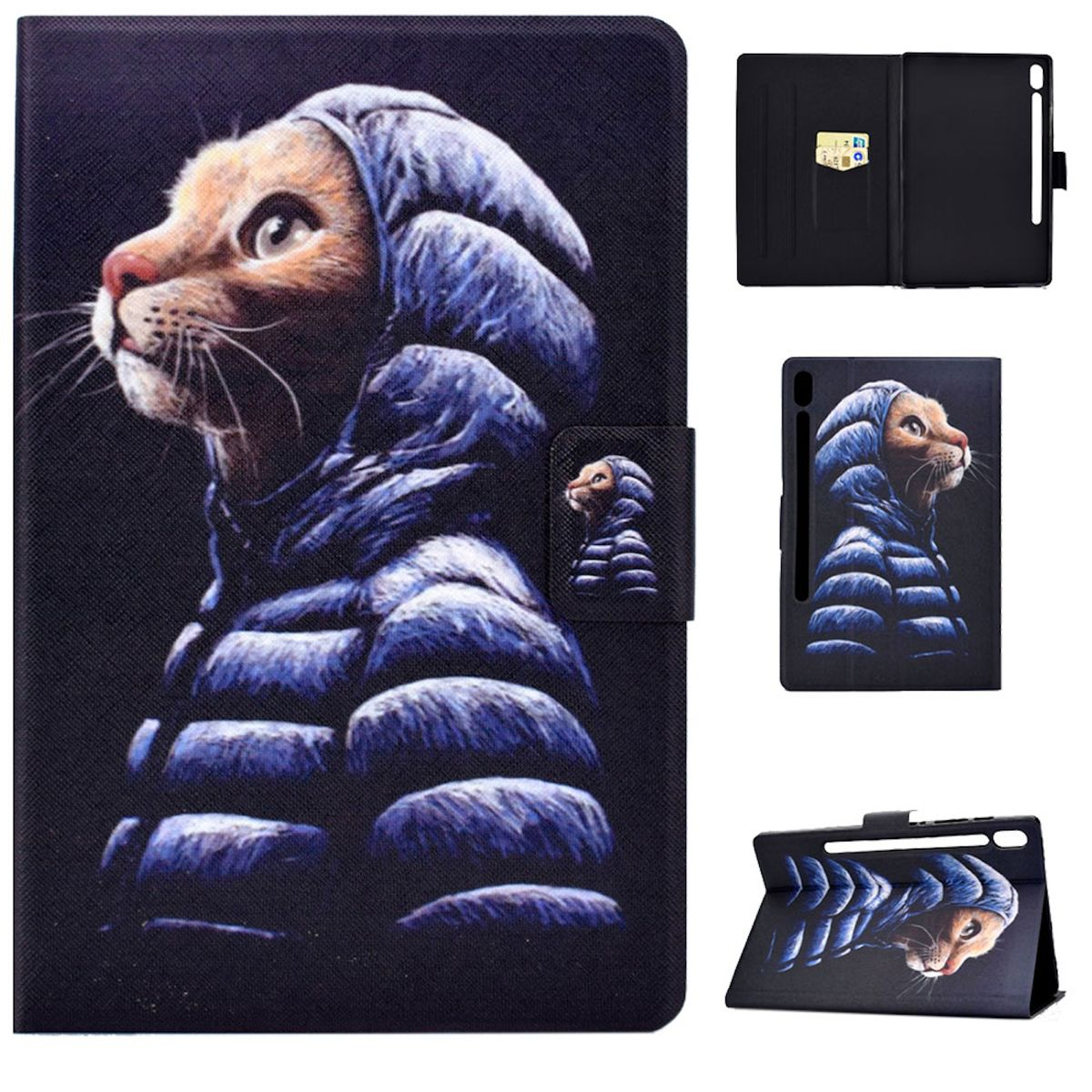 Eine Tablethülle mit Katze in blauer Steppjacke, mehrere Ansichten.