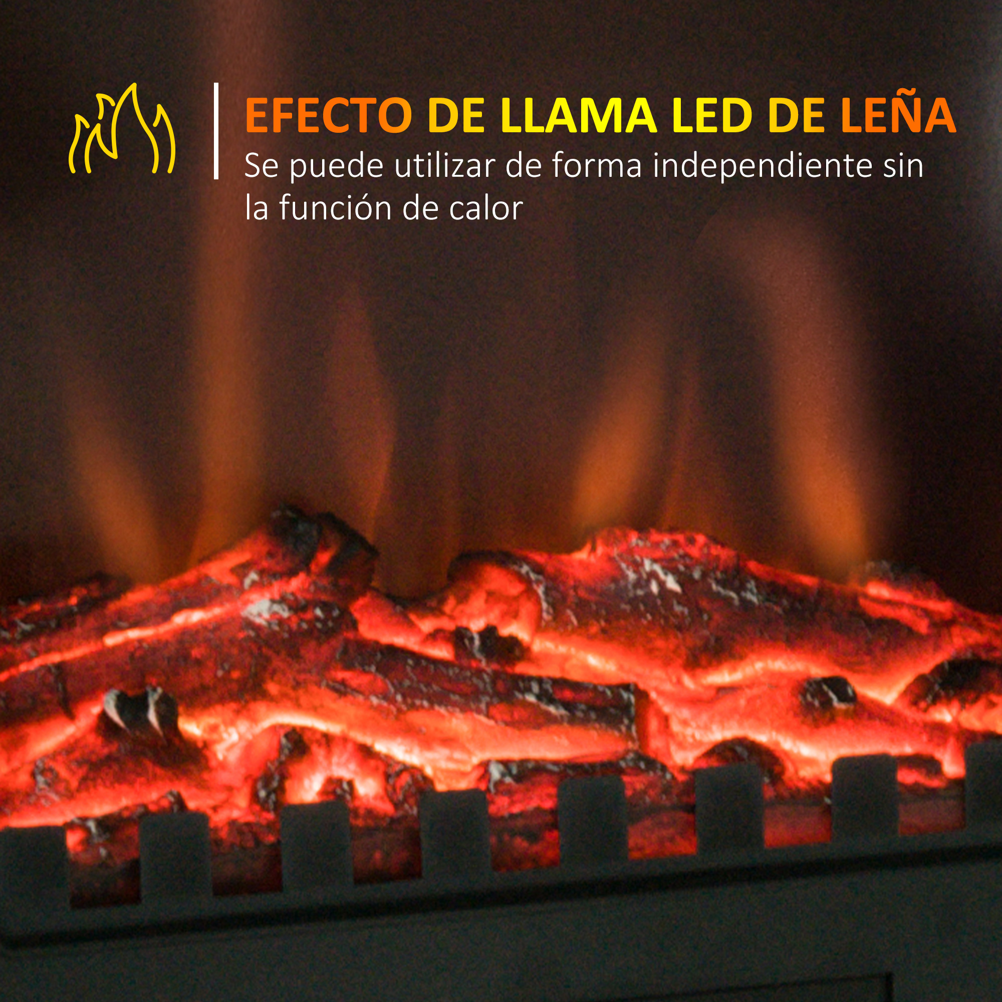 Una chimenea eléctrica con efecto de llama LED, imitando la leña ardiendo.