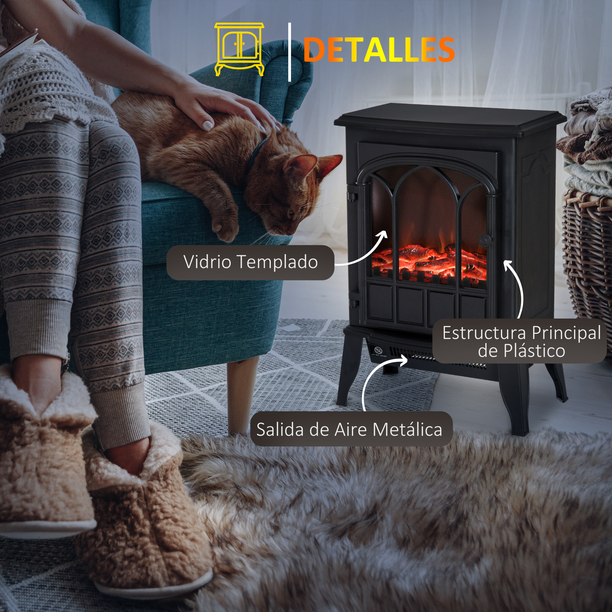 Chimenea eléctrica negra, con gato en silla, alfombra y cesta al fondo. Se resaltan detalles.