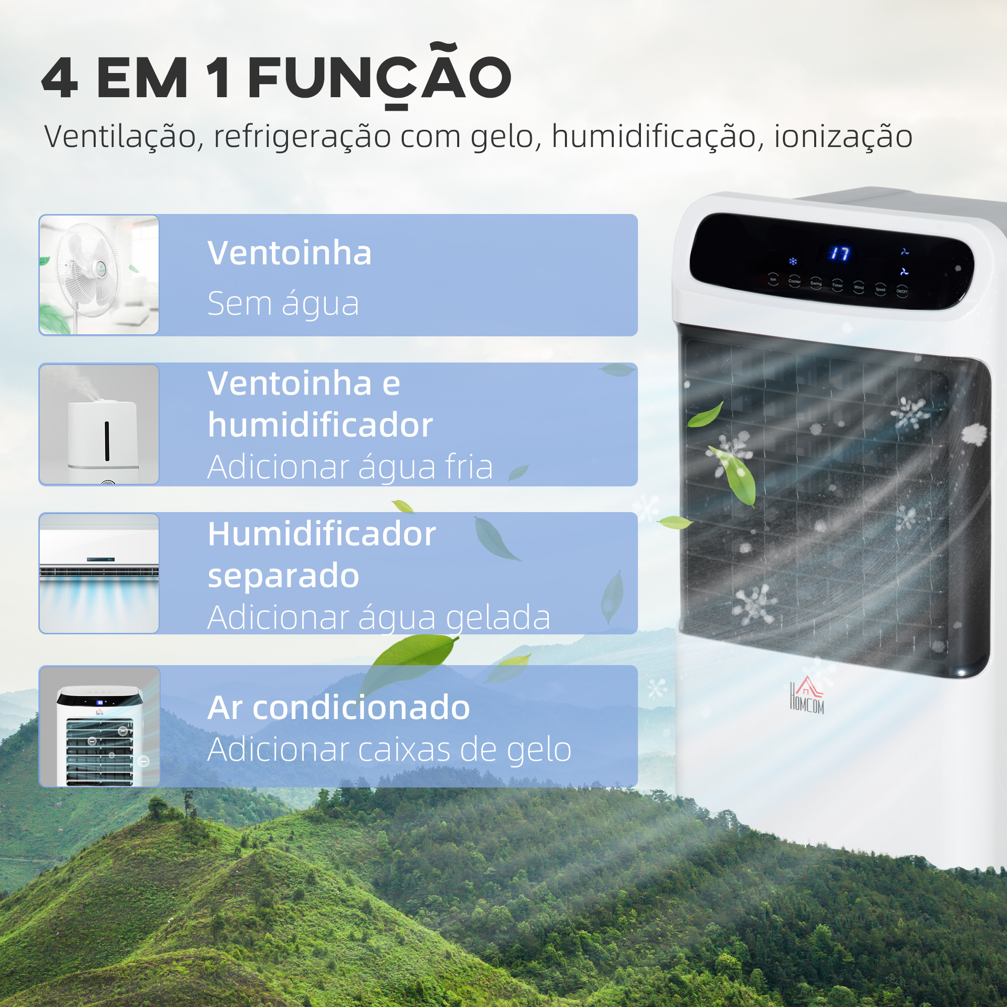 Enfriador de aire blanco y negro, con funciones. Plantas verdes detrás.