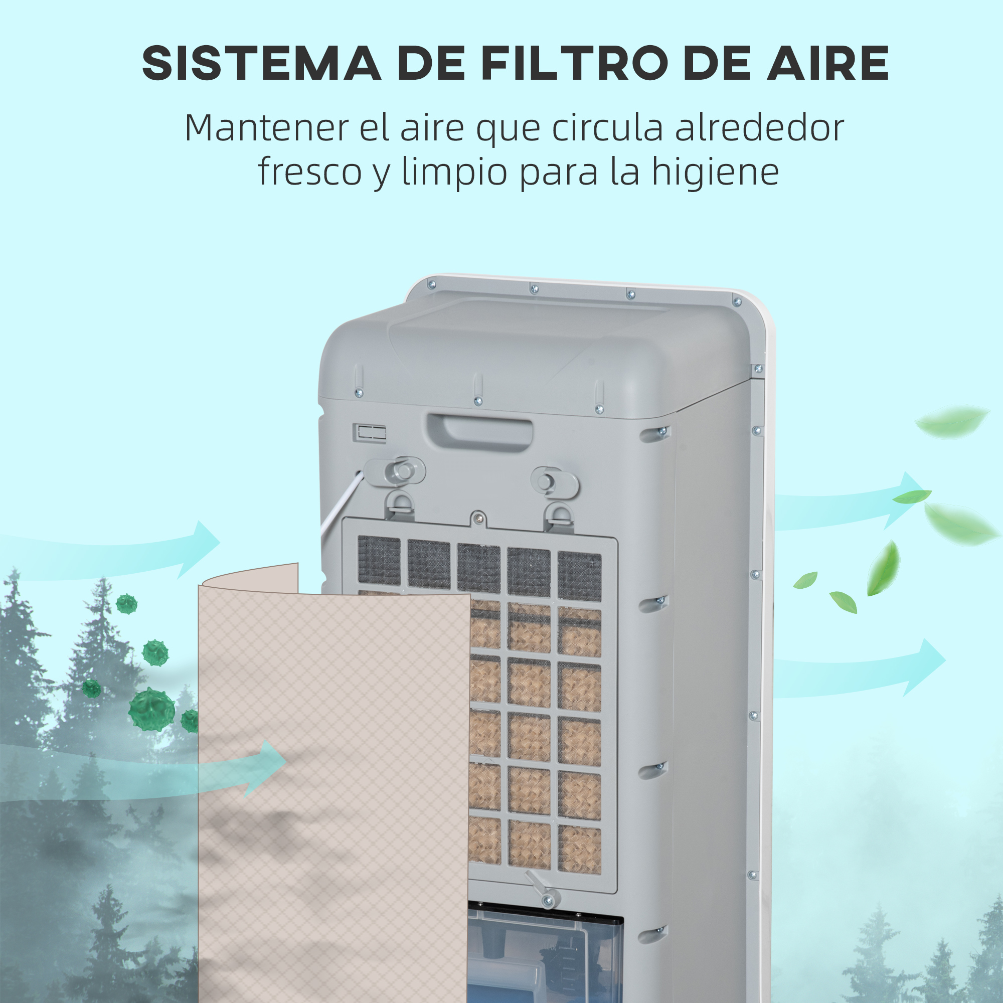 Purificador de aire mostrando filtro y flujo de aire. Un bosque al fondo.