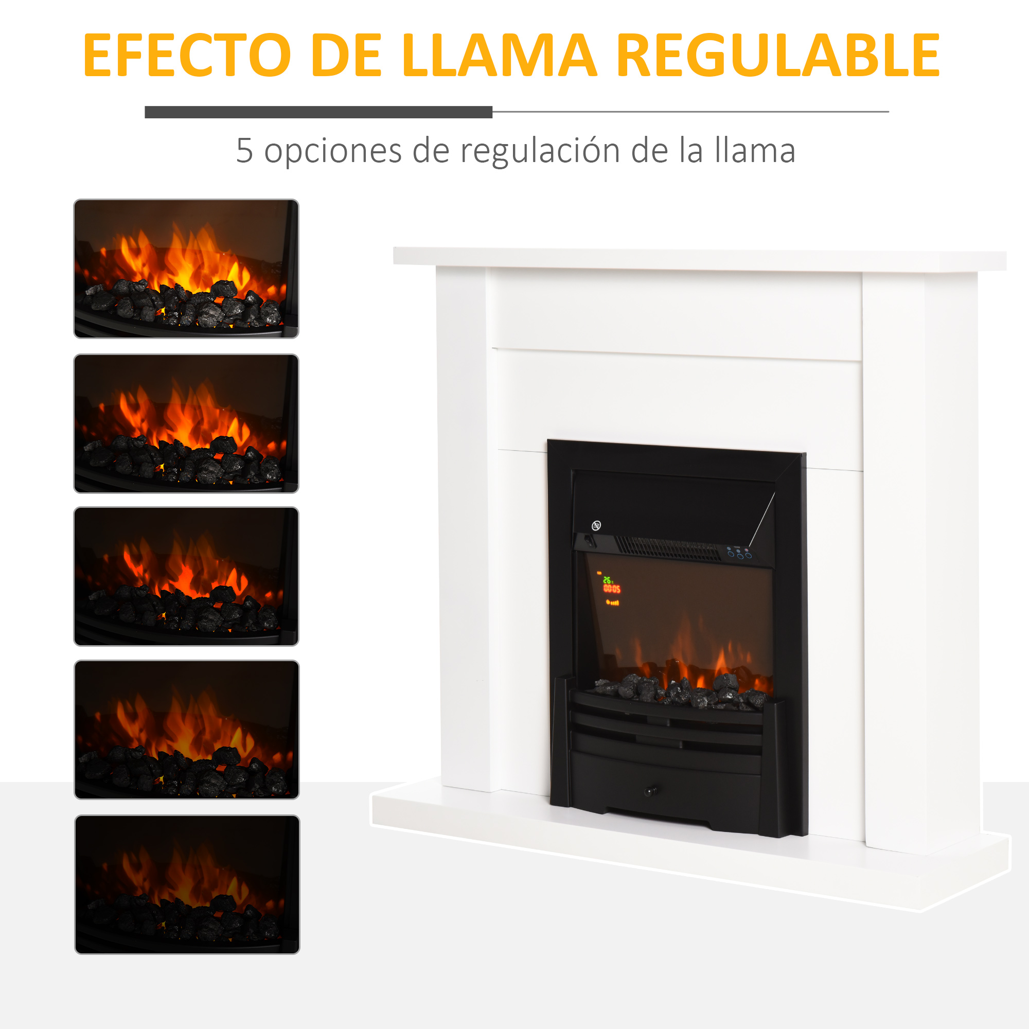 Chimenea blanca con efecto de llama ajustable e imágenes de carbón.
