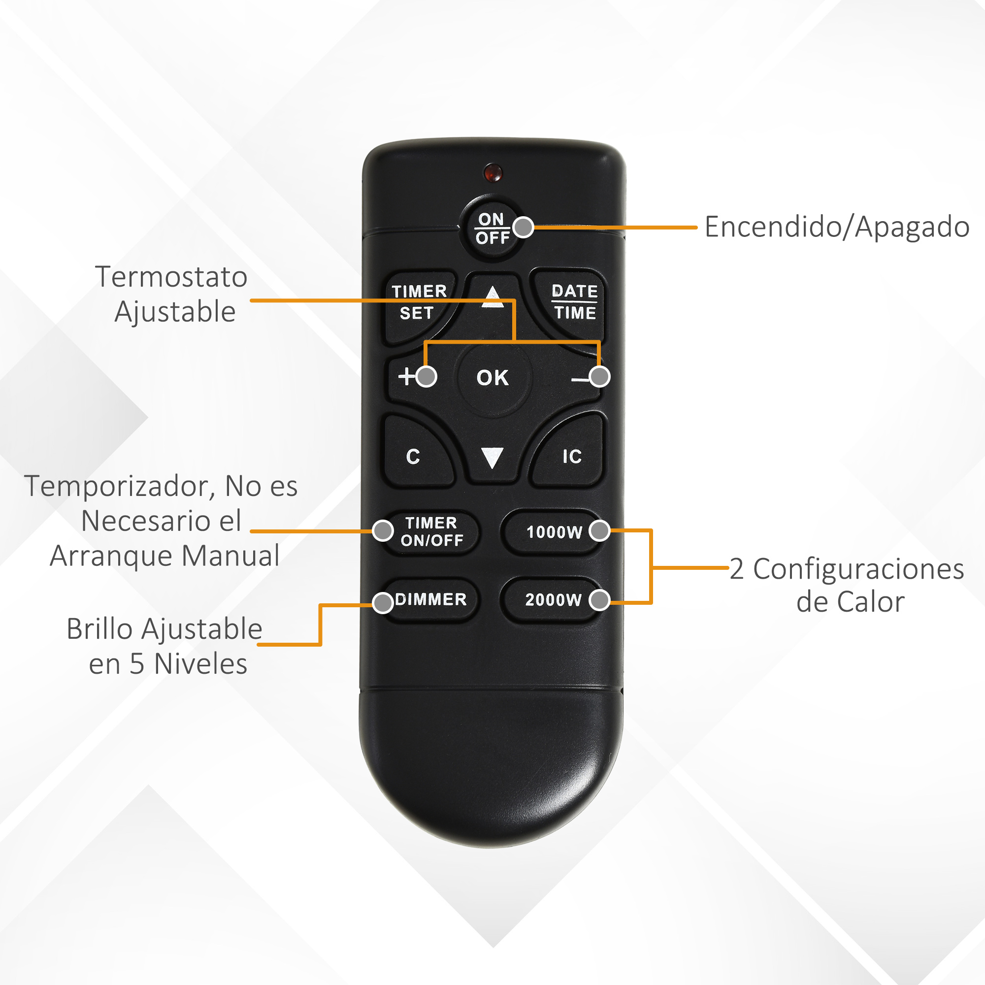 Mando a distancia negro con botones etiquetados para temporizador, encendido y ajustes.
