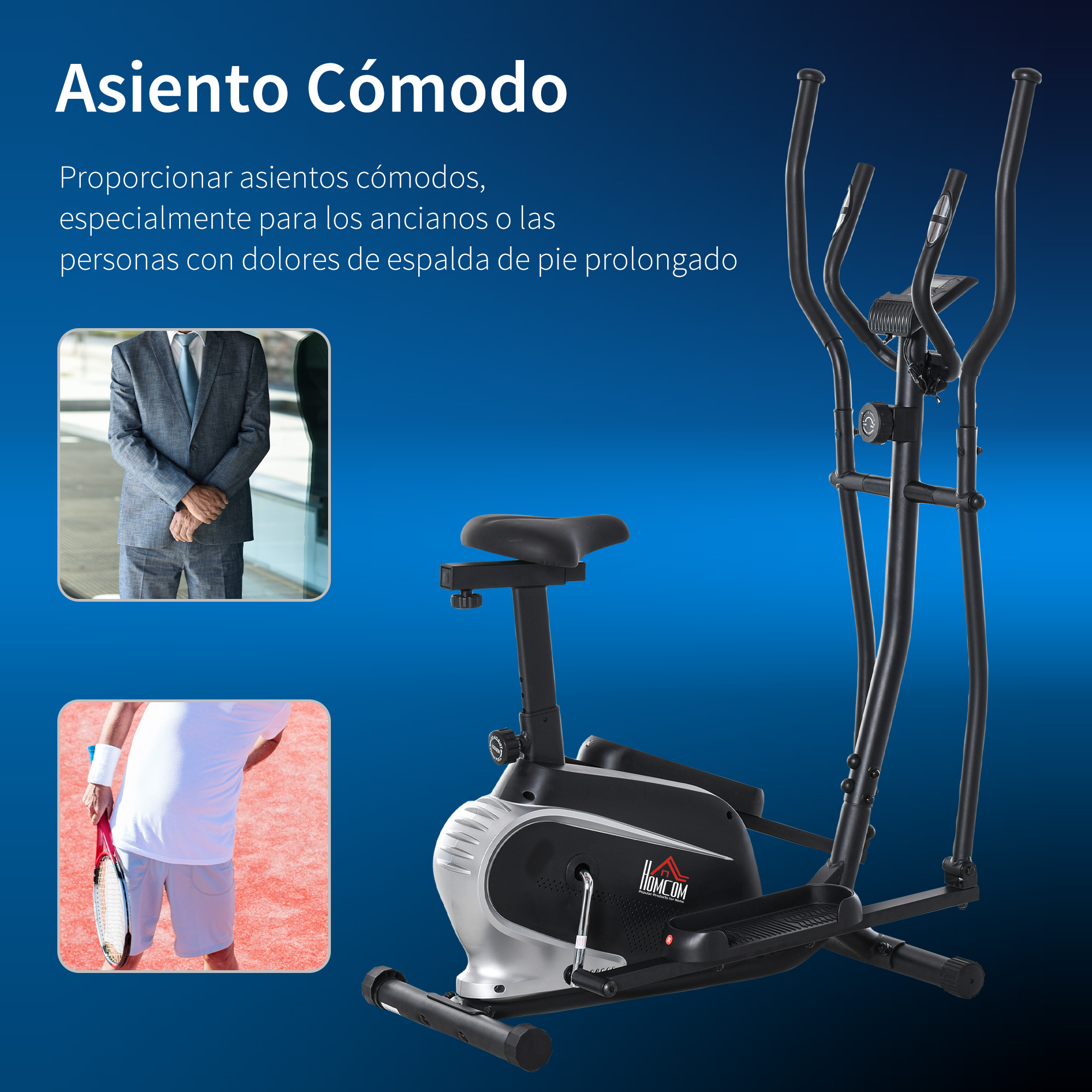 Bicicleta estática con imágenes de personas en trajes y jugando al tenis, fondo degradado azul.