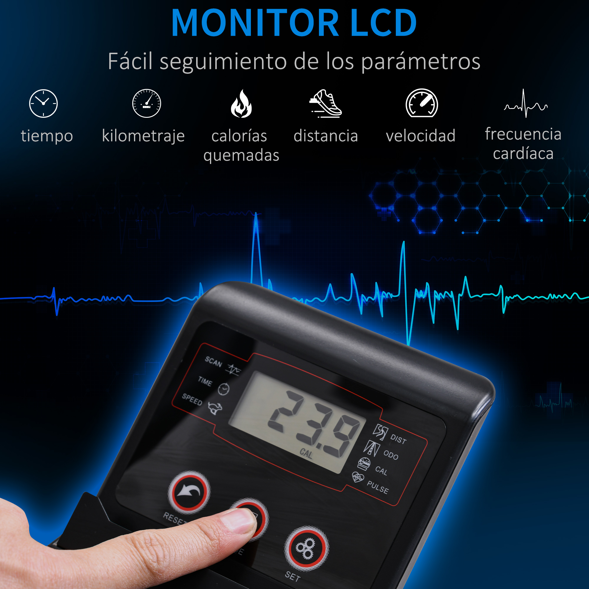 Un monitor de fitness con pantalla LCD que muestra estadísticas: tiempo, calorías, distancia, velocidad, frecuencia cardíaca.