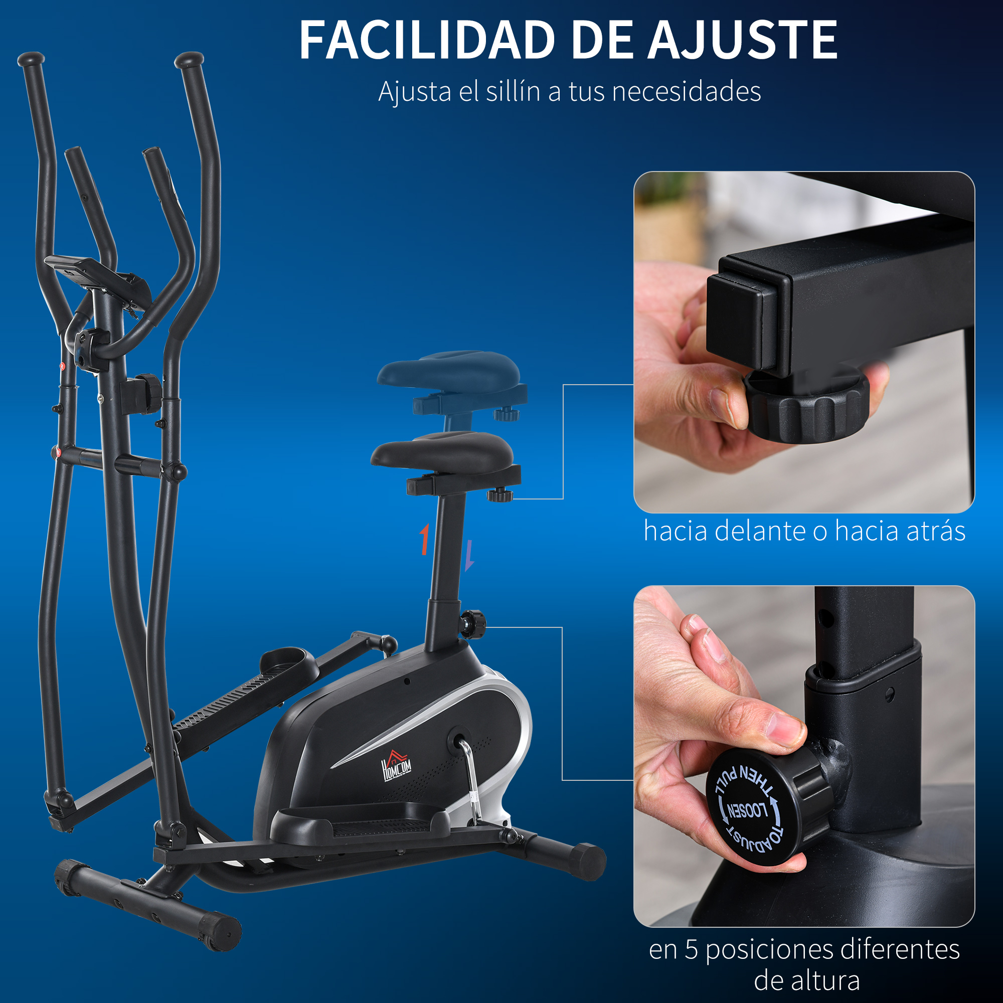 Máquina elíptica con asiento ajustable. Vistas de cerca muestran perillas de ajuste y posiciones de altura.