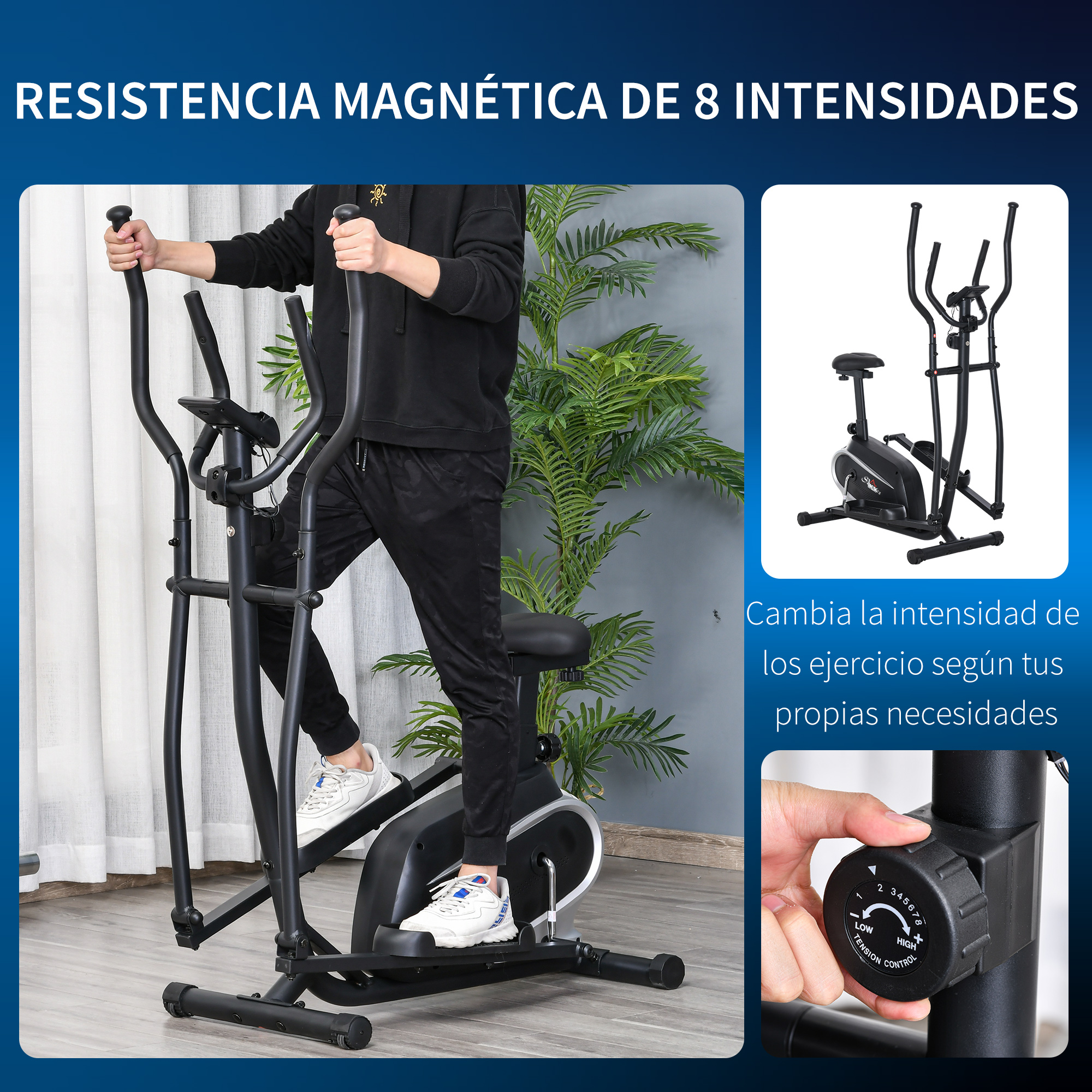 Una persona en una máquina elíptica. La máquina es negra con una pantalla. El fondo es una habitación.
