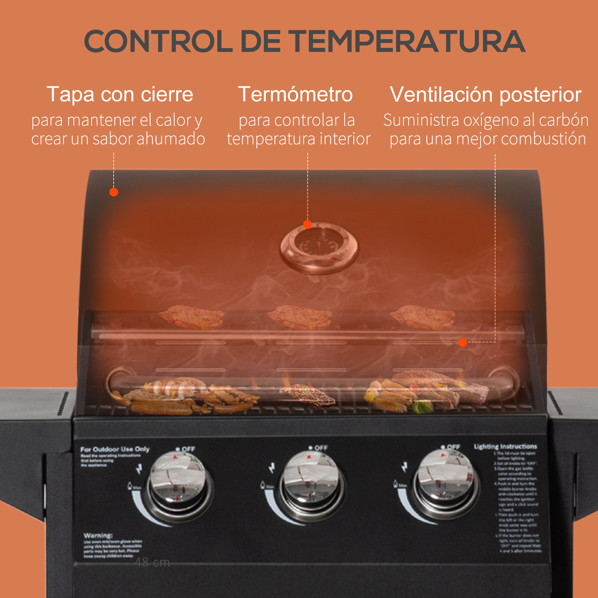 Una parrilla negra cerrada con termómetro y ventilación. Dentro, hay bandejas con comida.