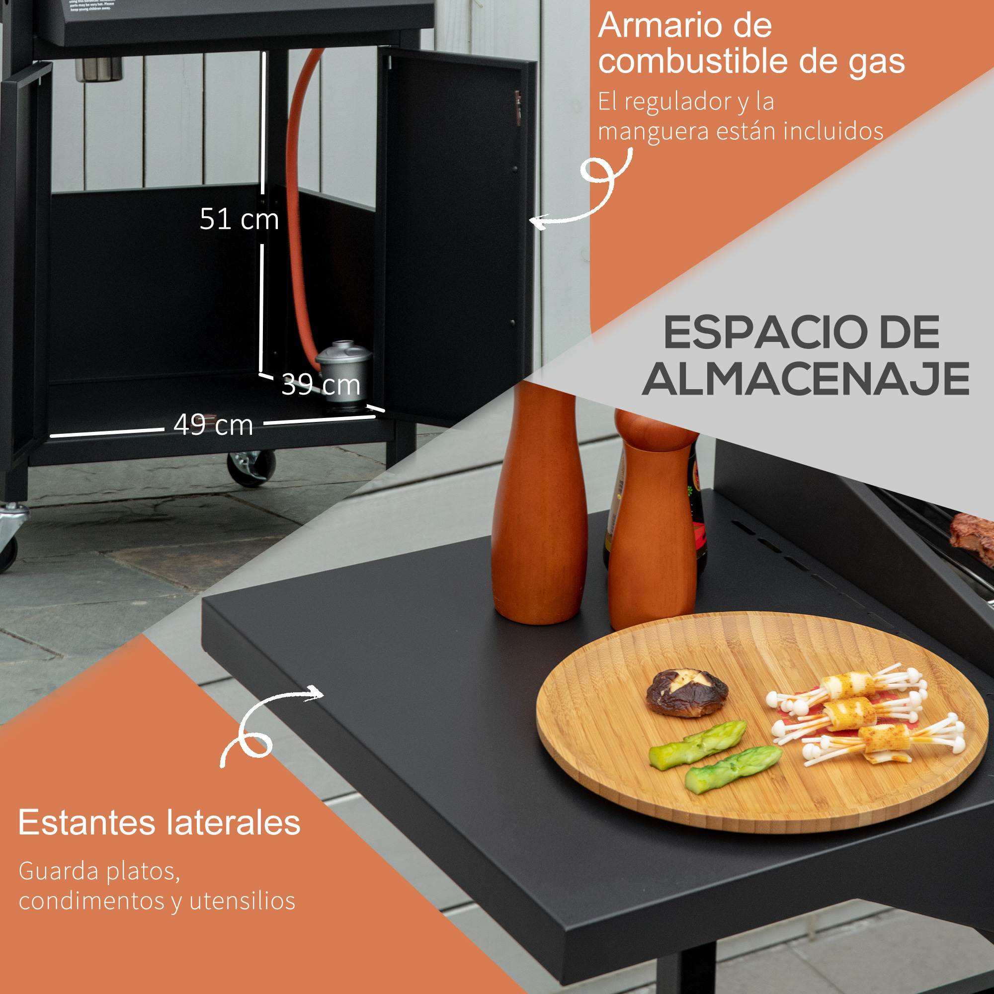 Diagrama de una parrilla exterior negra con espacio de almacenamiento y dimensiones.