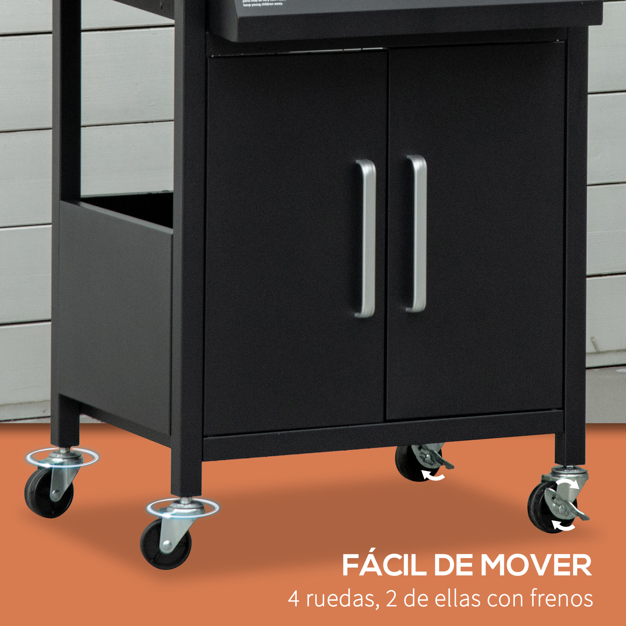 Carrito de cocina exterior negro con dos puertas y ruedas, etiquetado con texto en español.