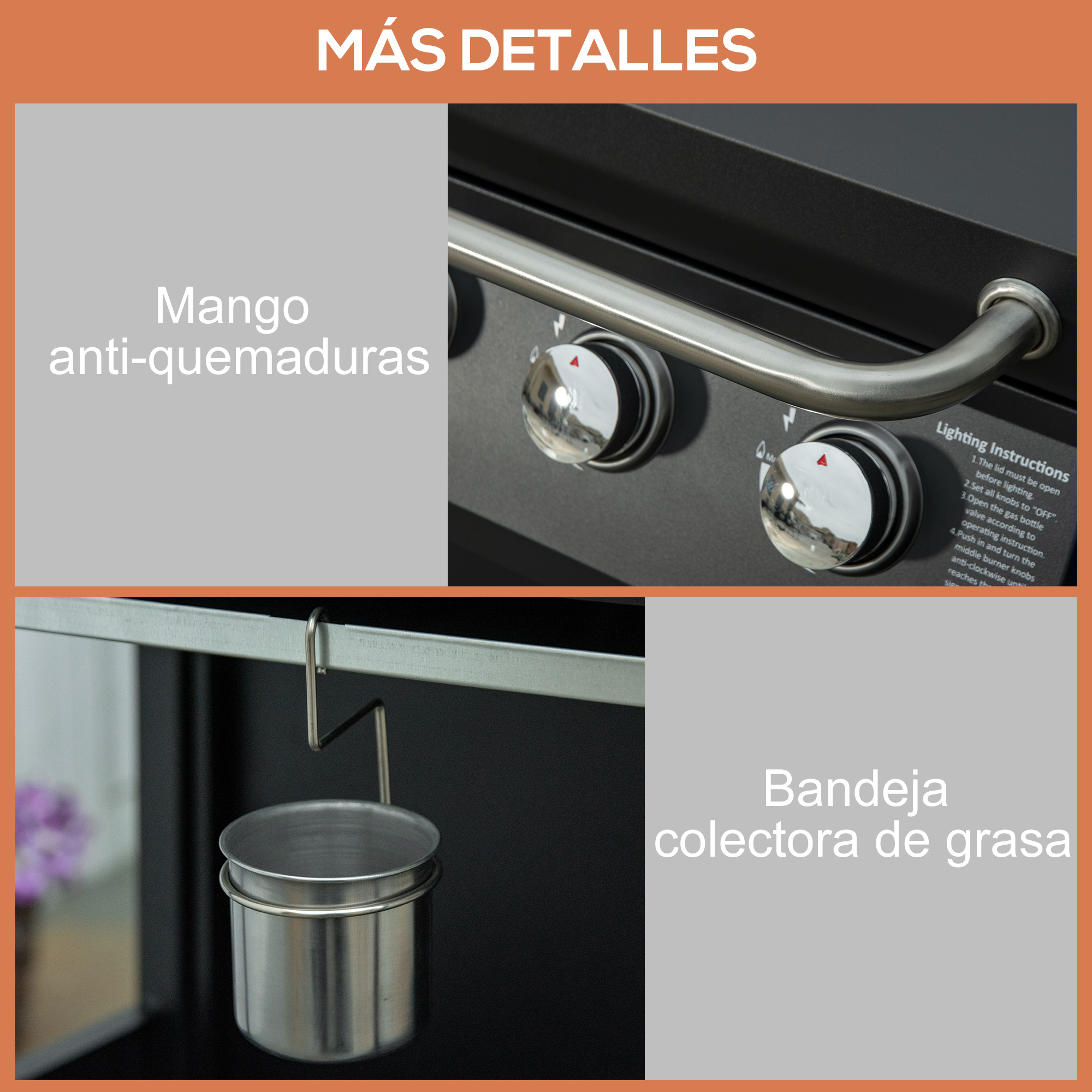 Primer plano de una parrilla con detalles. Incluye asa, perillas y bandeja de recogida de grasa.