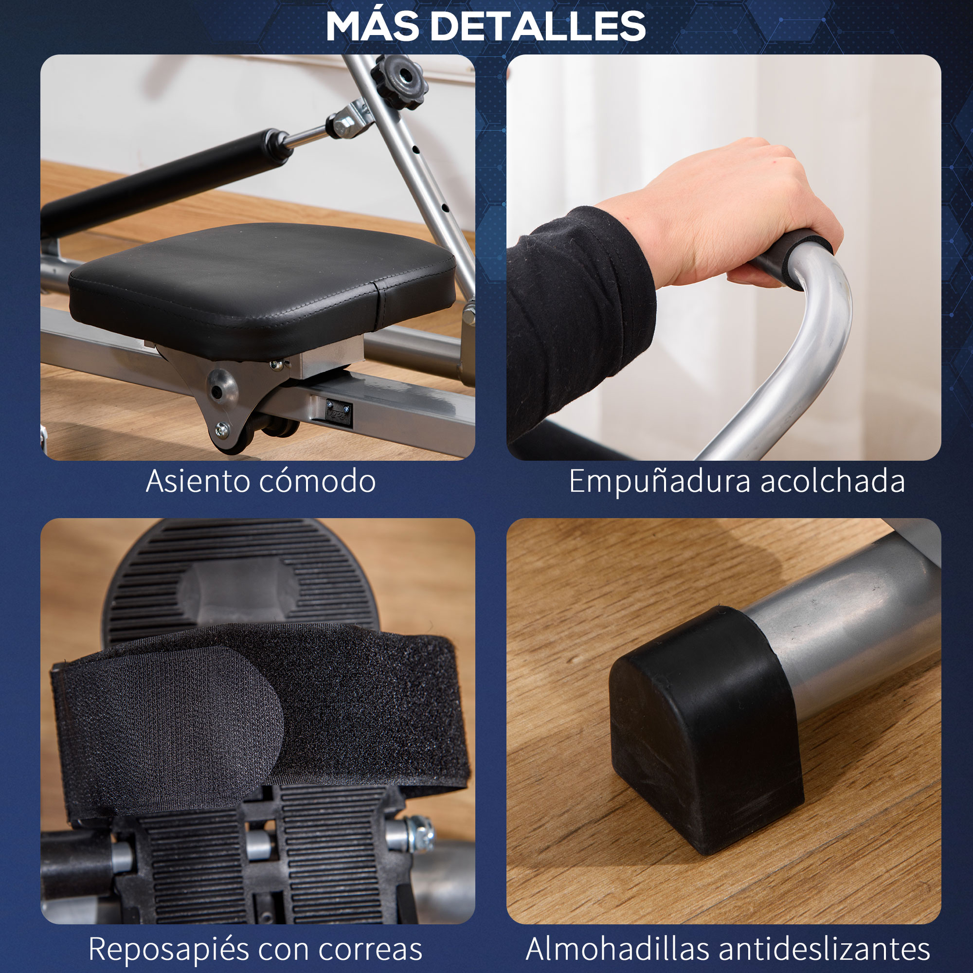 Vistas de cerca de partes de máquina de remo: asiento, mango acolchado, reposapiés con correas y almohadillas antideslizantes.