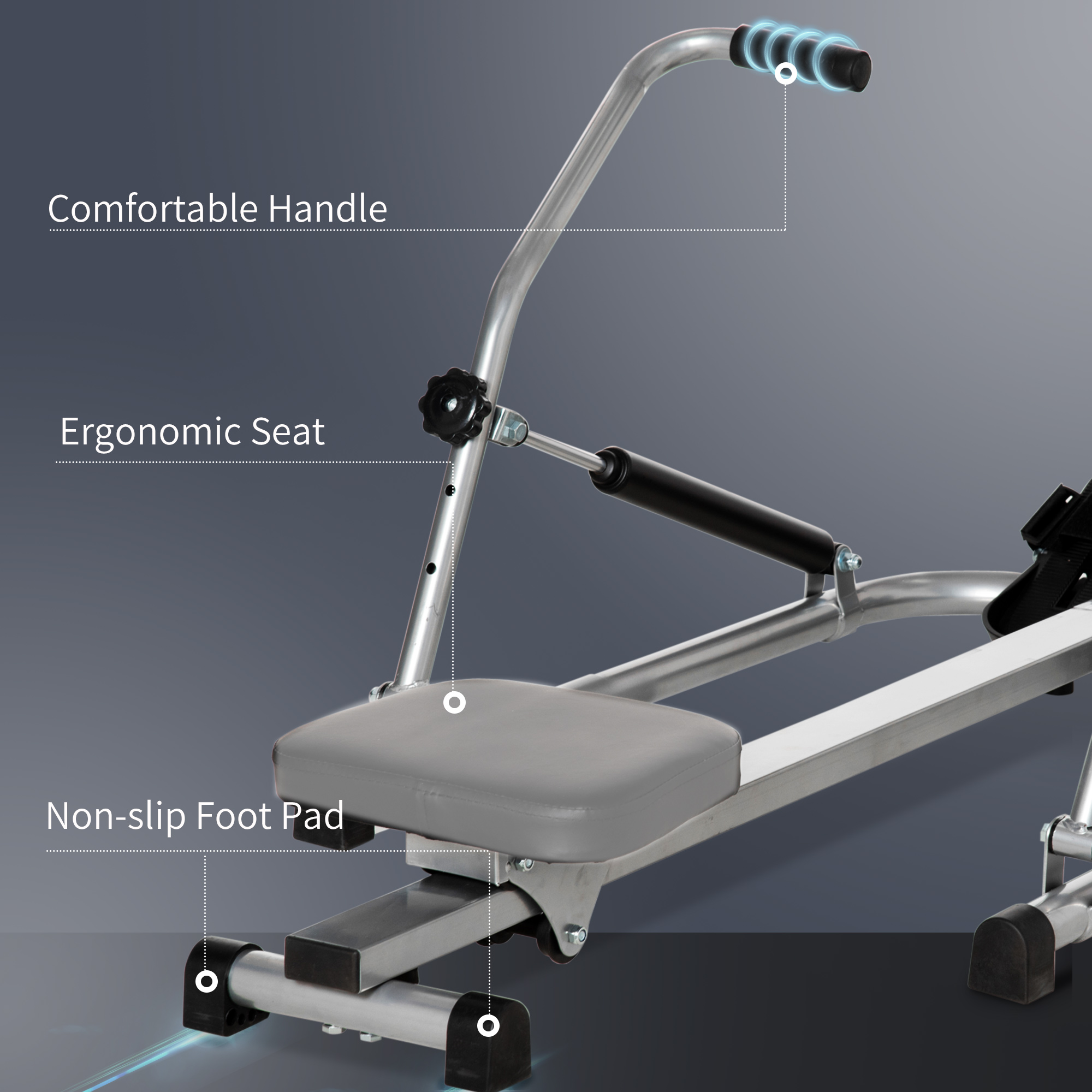 Máquina de remo con asiento y manillar ergonómicos. Combinación de colores plata y negro. Reposapiés antideslizantes.
