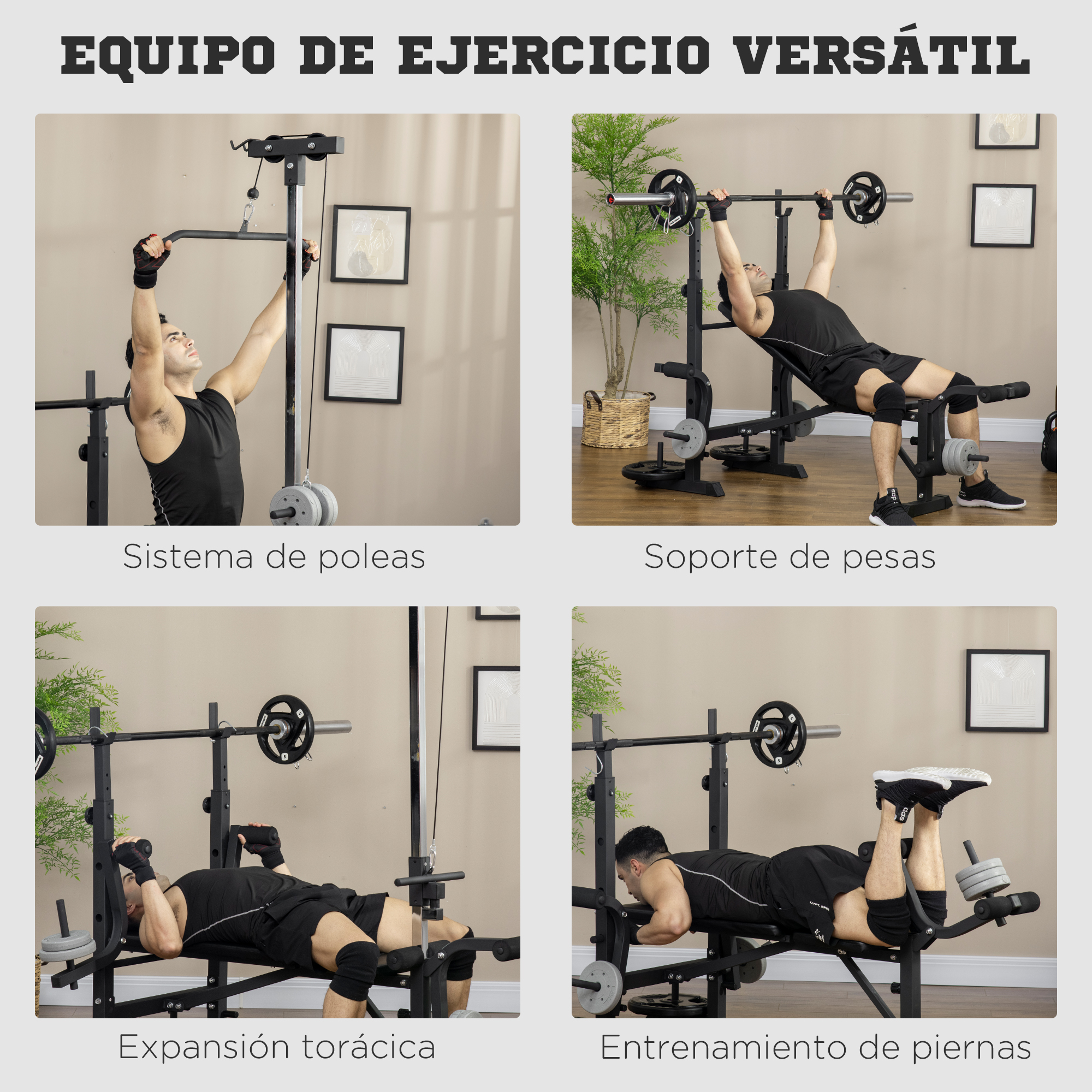 Equipo de ejercicio versátil. Imágenes muestran ejercicios: dominadas, press de banca, expansión torácica, entrenamiento de piernas. Negro y gris.