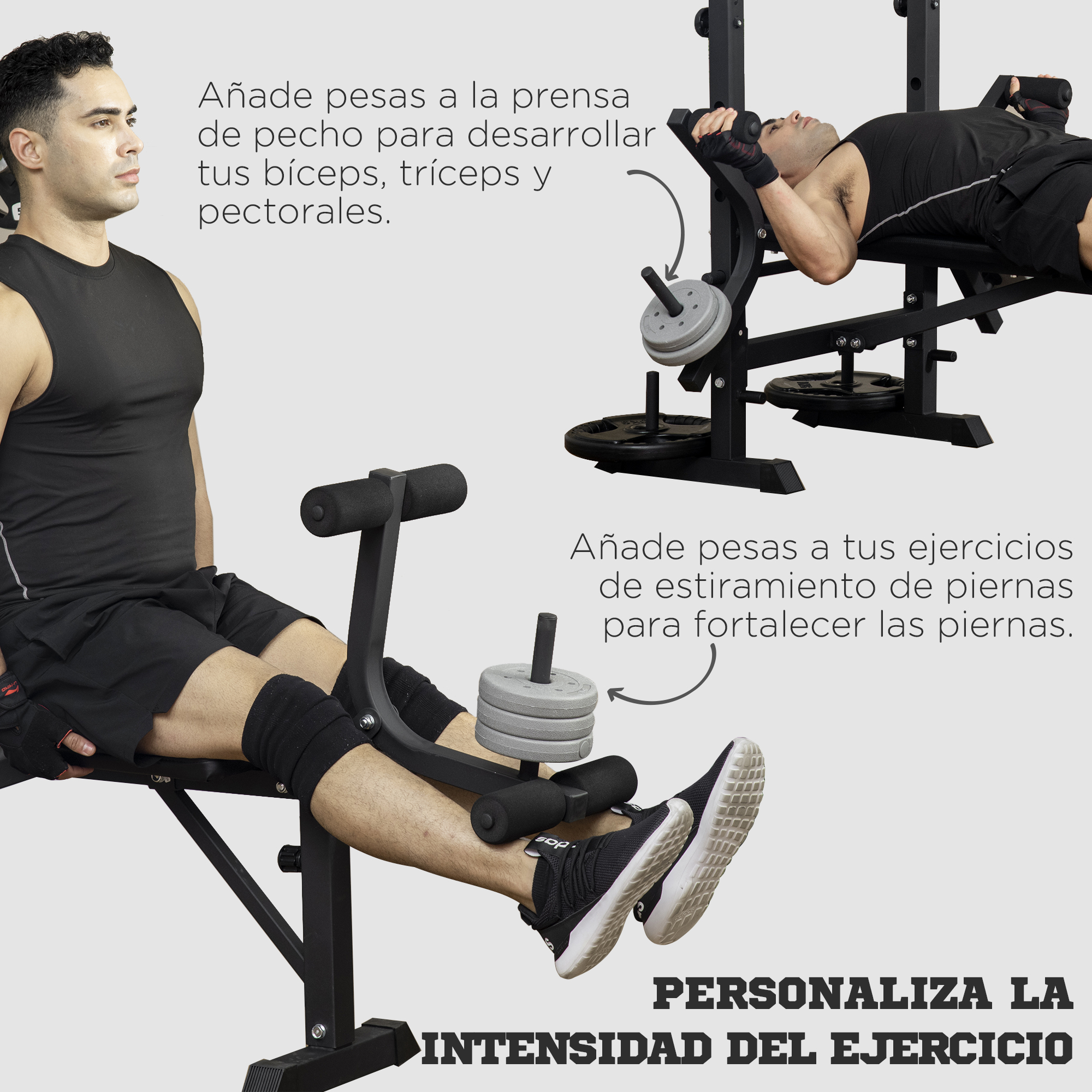 Una persona en un gimnasio usa un banco de pesas, con instrucciones sobre cómo ejercitarse con pesas.