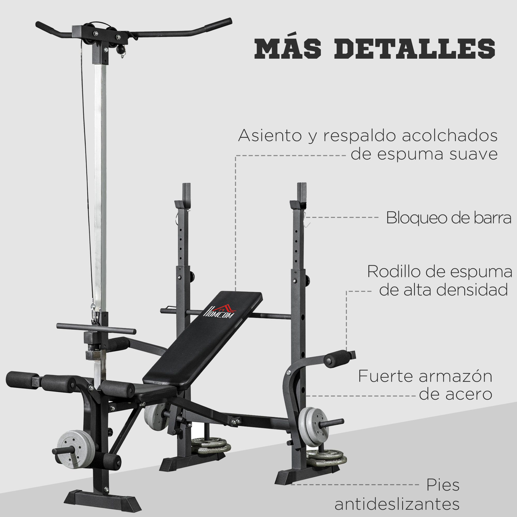 Banco de entrenamiento con pesas adjuntas. Texto en español describe características.