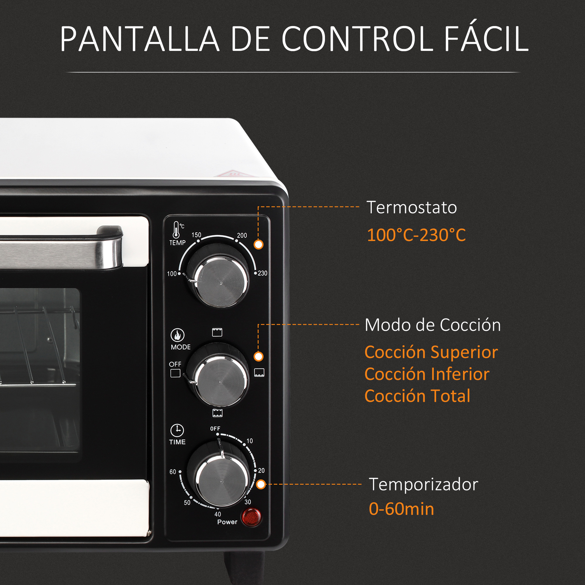 Primer plano del panel de control del horno. Muestra la temperatura, el modo de cocción y la configuración del temporizador.