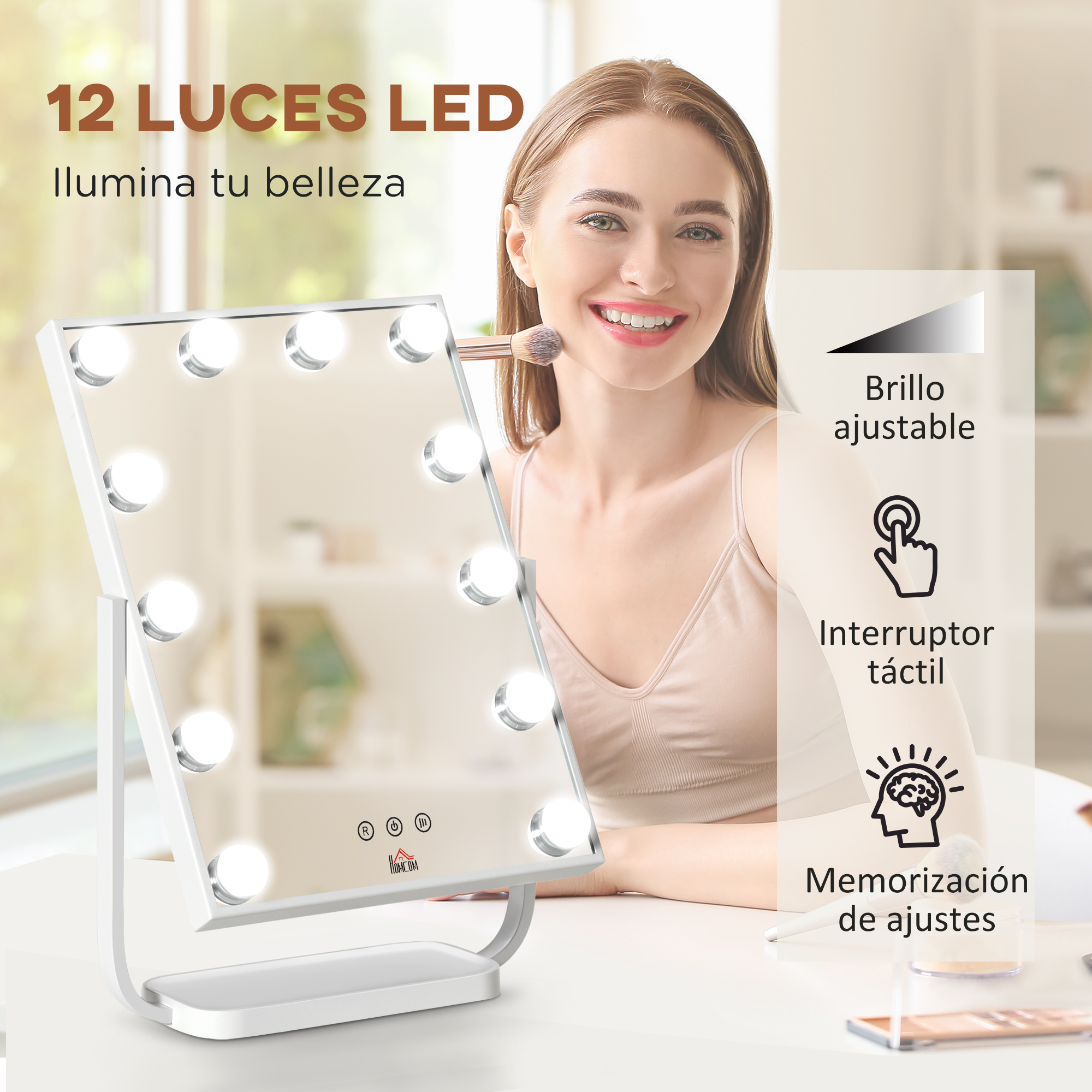 Una mujer maquillándose frente a un espejo de tocador iluminado con texto en español.