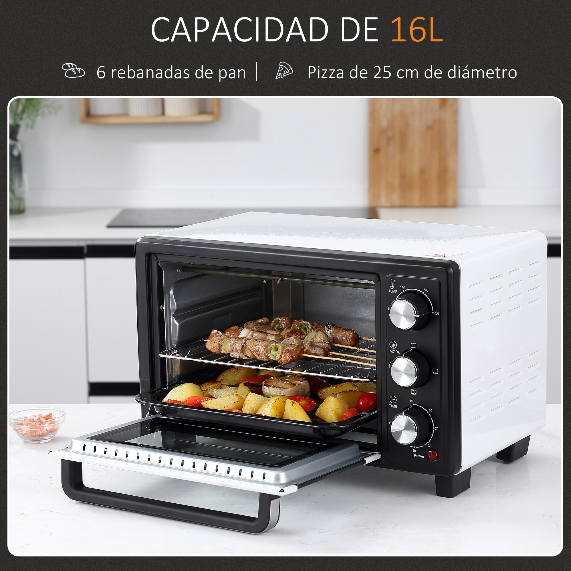 Horno blanco con puerta abierta, mostrando comida cocinada. Incluye perillas de control y pantalla digital.