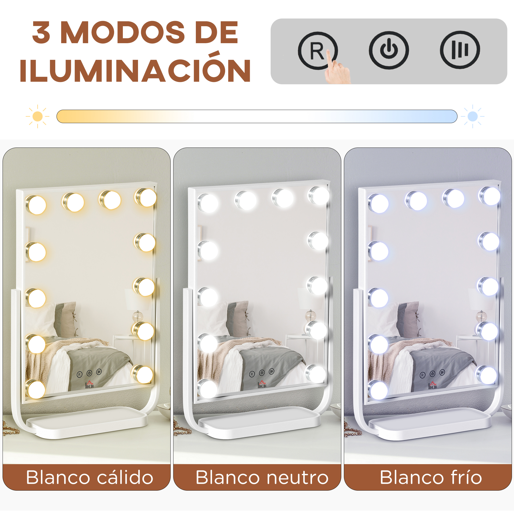 Espejo de maquillaje con tres configuraciones de luz. Marco y base blancos. Texto arriba.