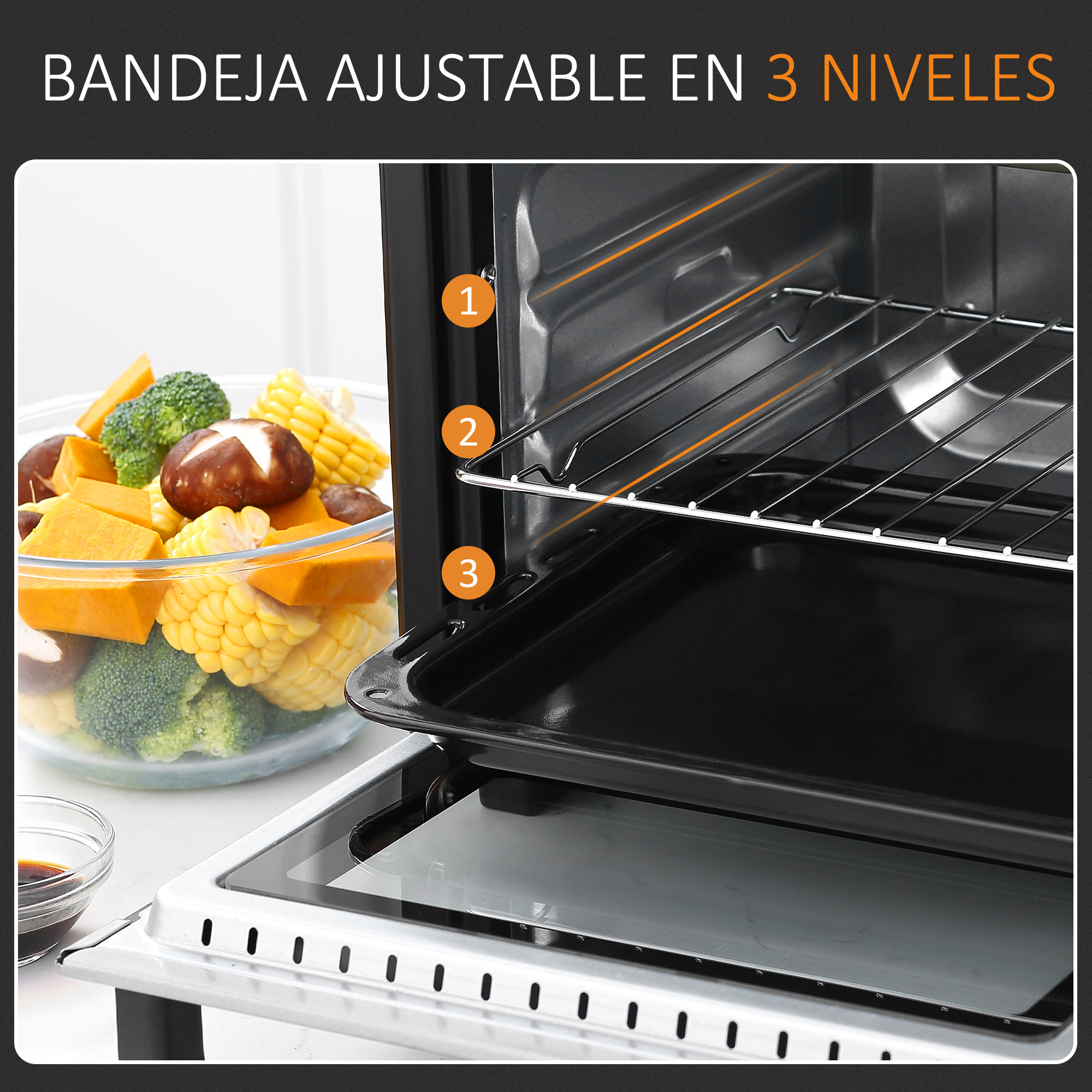 Interior del horno con tres niveles ajustables. Puerta de vidrio y verduras en un cuenco de vidrio visibles.