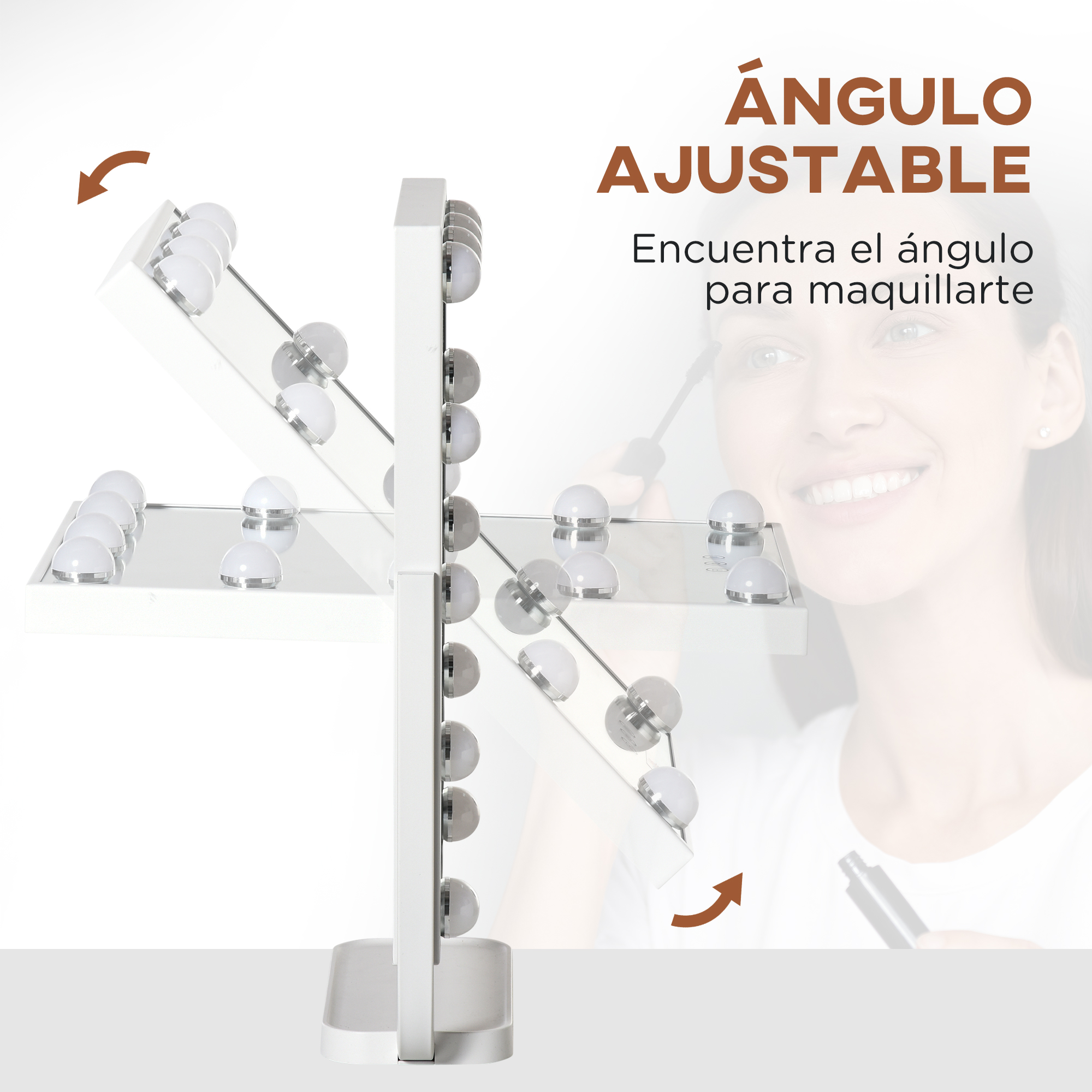 Espejo de maquillaje con ángulo ajustable. Mujer usando el espejo con brocha.