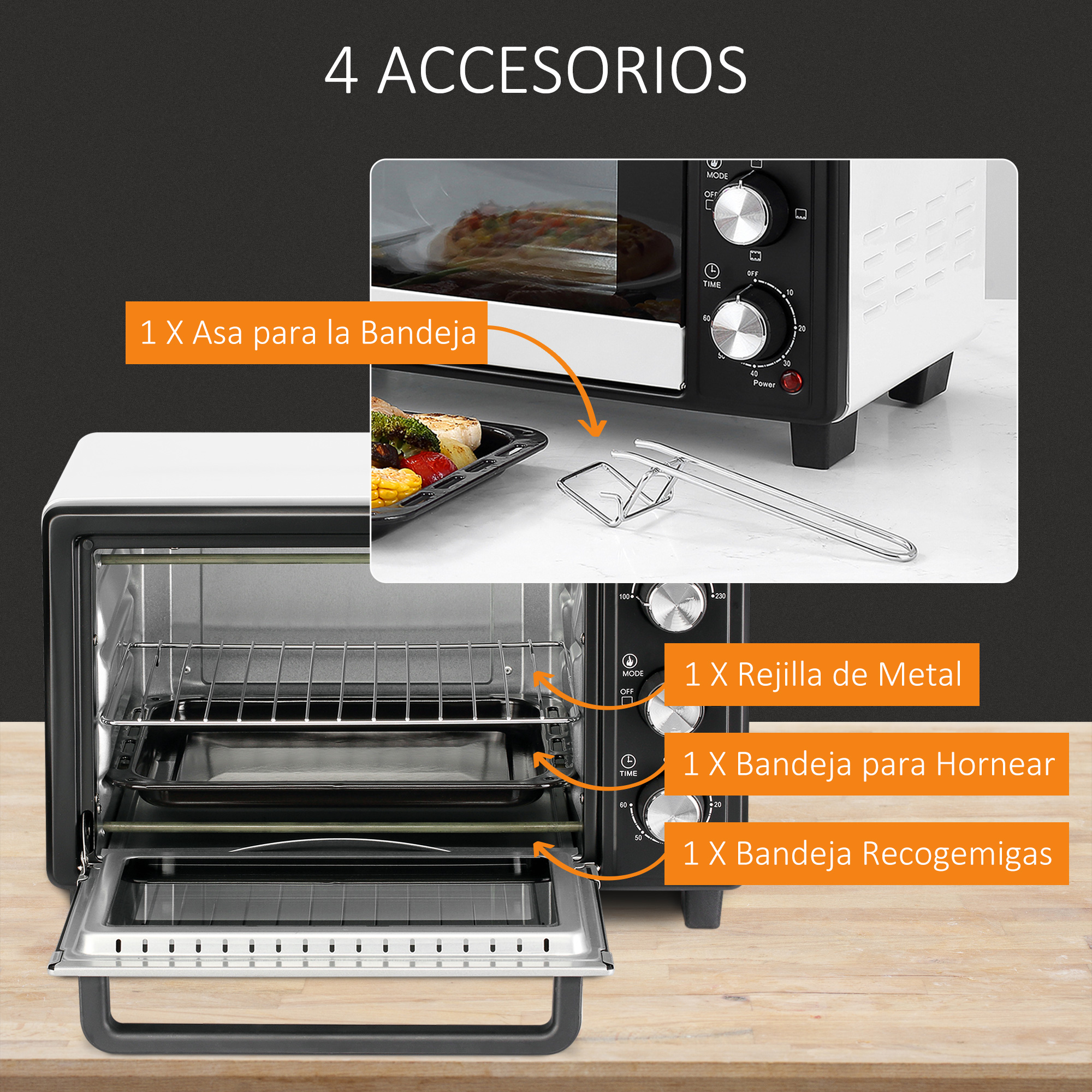 Un horno con accesorios, incluyendo un asa para bandeja, rejilla metálica, bandeja para hornear y recogemigas.