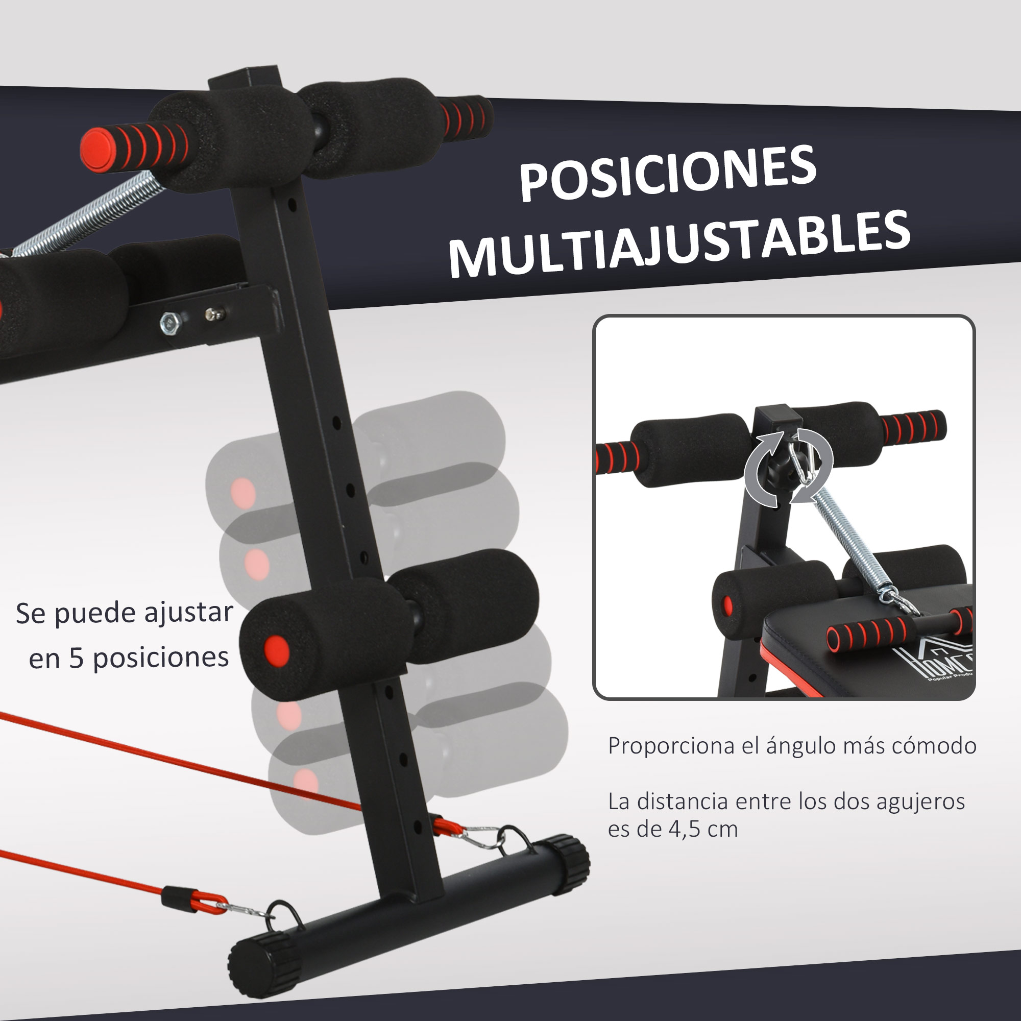 Un banco de pesas con posiciones multi-ajustables, mostrando 5 posiciones y un detalle de cerca.