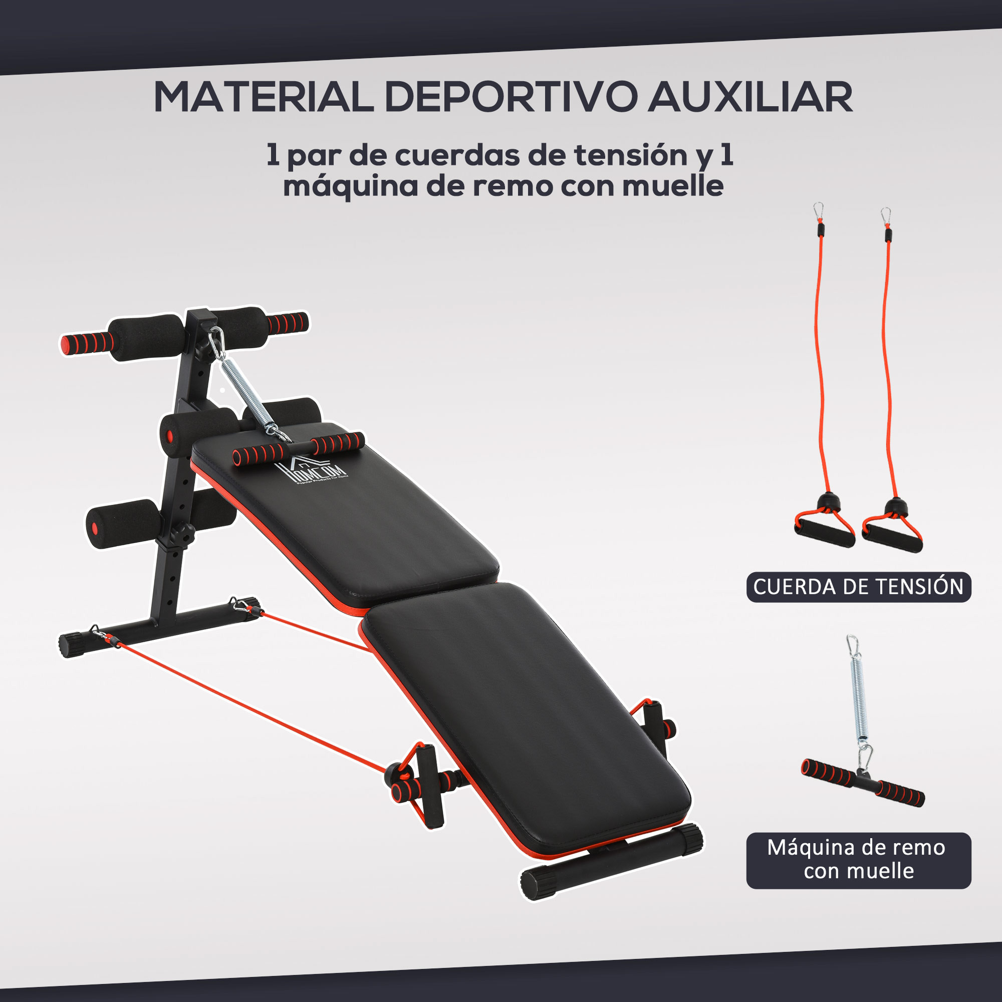 Equipo de gimnasio en casa: banco, cuerdas de tensión y una máquina de remo con resorte.