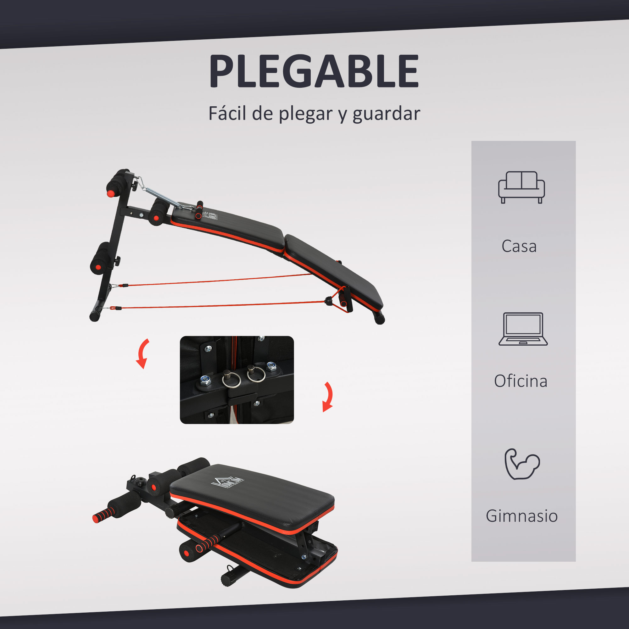 Un banco de ejercicios plegable en posición plegada y una persona plegándolo. Para casa, oficina o gimnasio.
