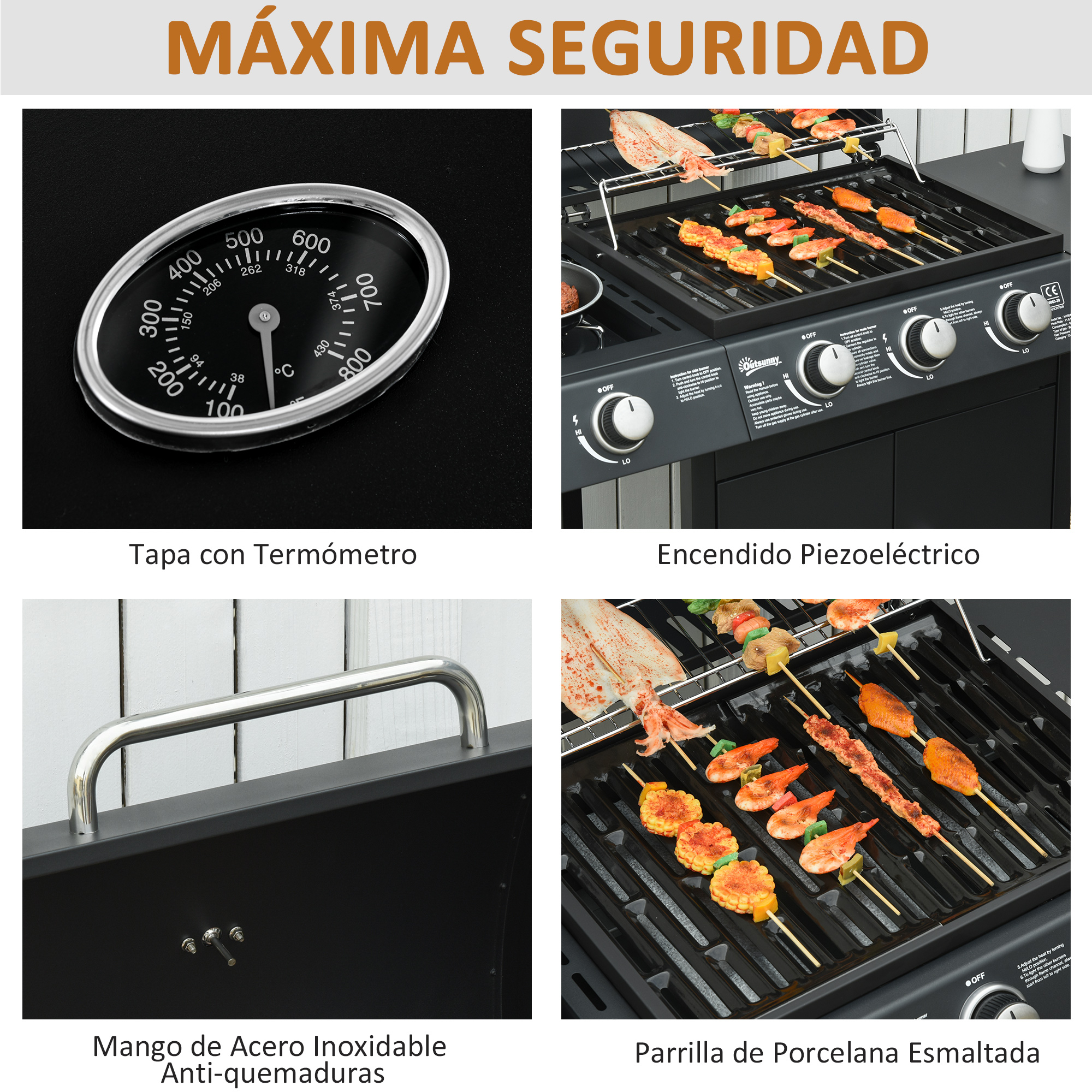 Collage de características de parrilla BBQ: termómetro, superficie de cocción, asa y encendido piezoeléctrico.