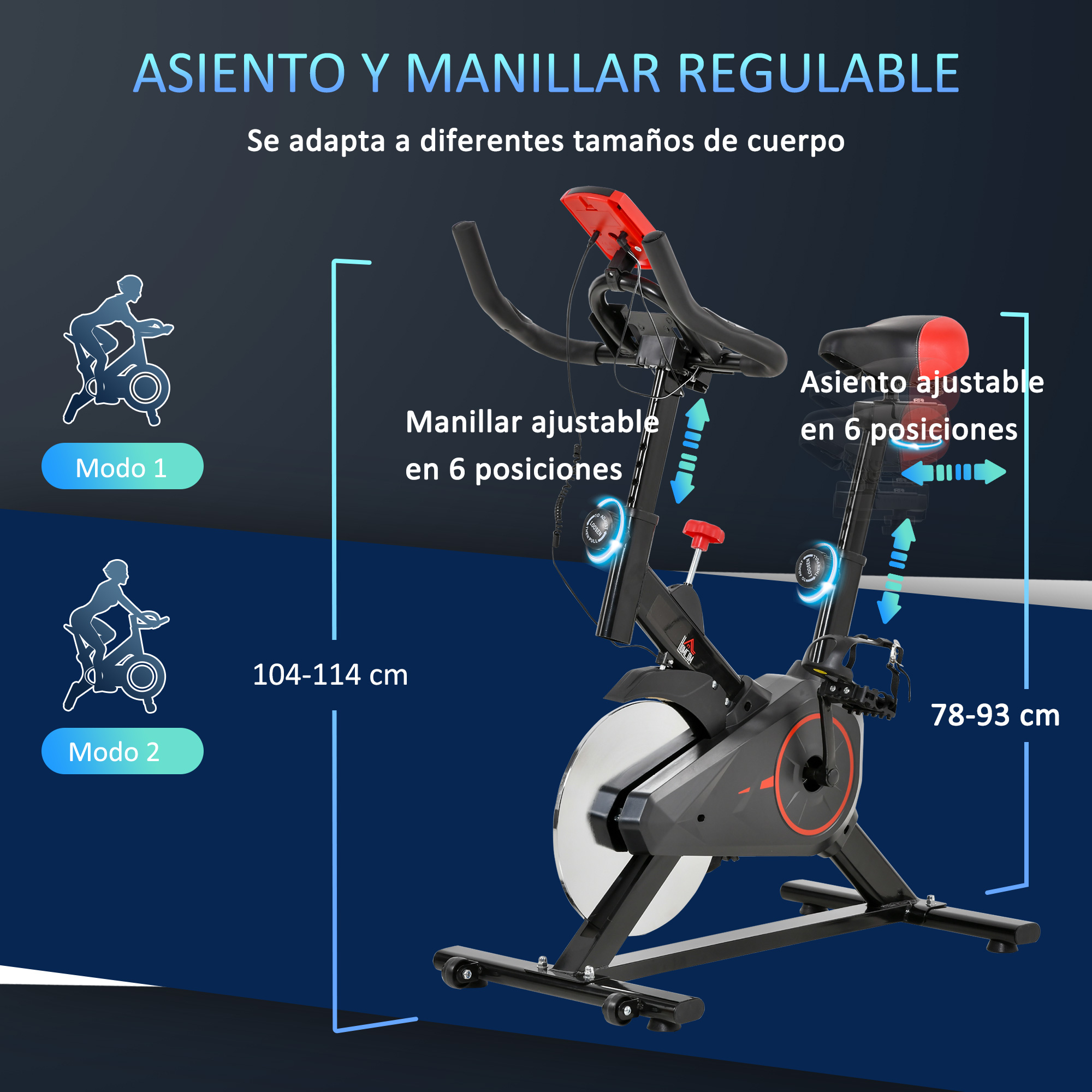 Bicicleta estática con asiento y manillar ajustables, con diagramas mostrando ajustes de altura.