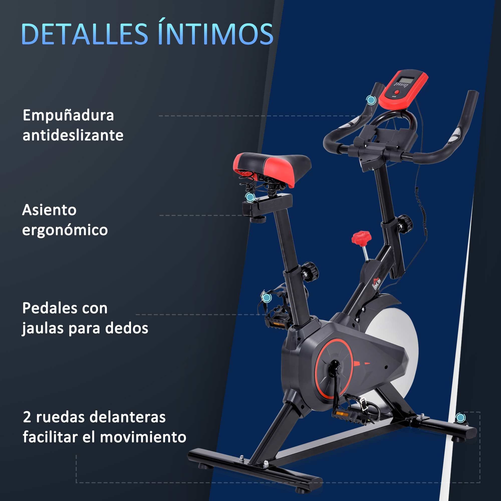 Una bicicleta estática con pantalla roja, marco negro y asiento rojo. Incluye pedales y agarre antideslizante.
