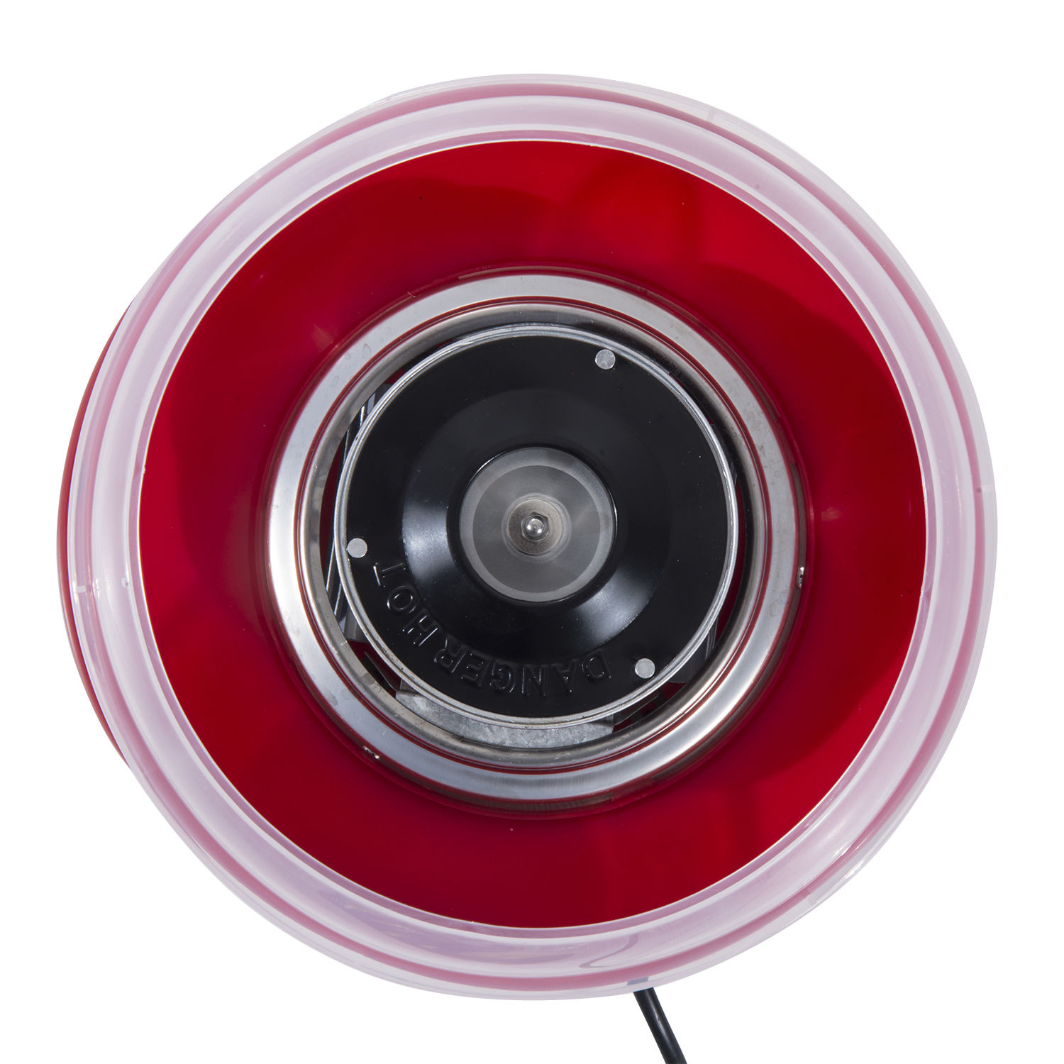 Vista cenital de una máquina de algodón de azúcar roja con una cubierta de plástico transparente.