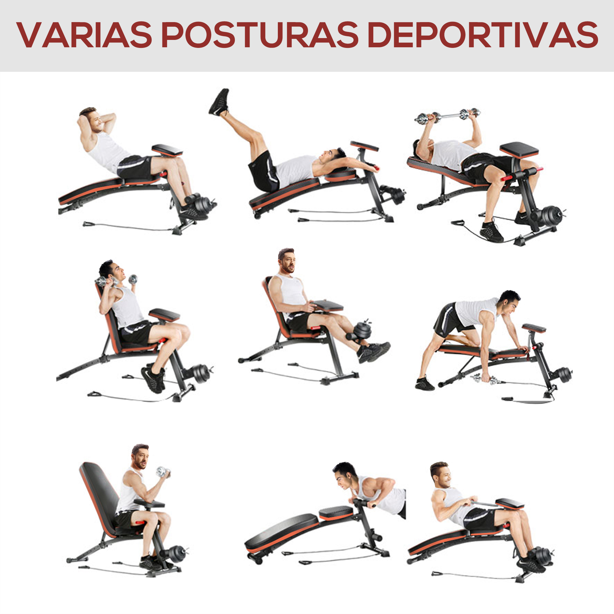 Múltiples posiciones de banco de entrenamiento demostradas por hombres.