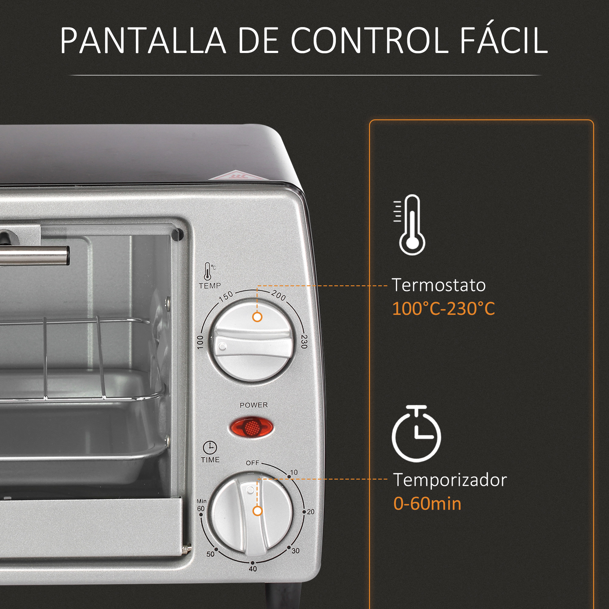 Primer plano de un panel de control del horno, que muestra la configuración de temperatura y temporizador con iconos.