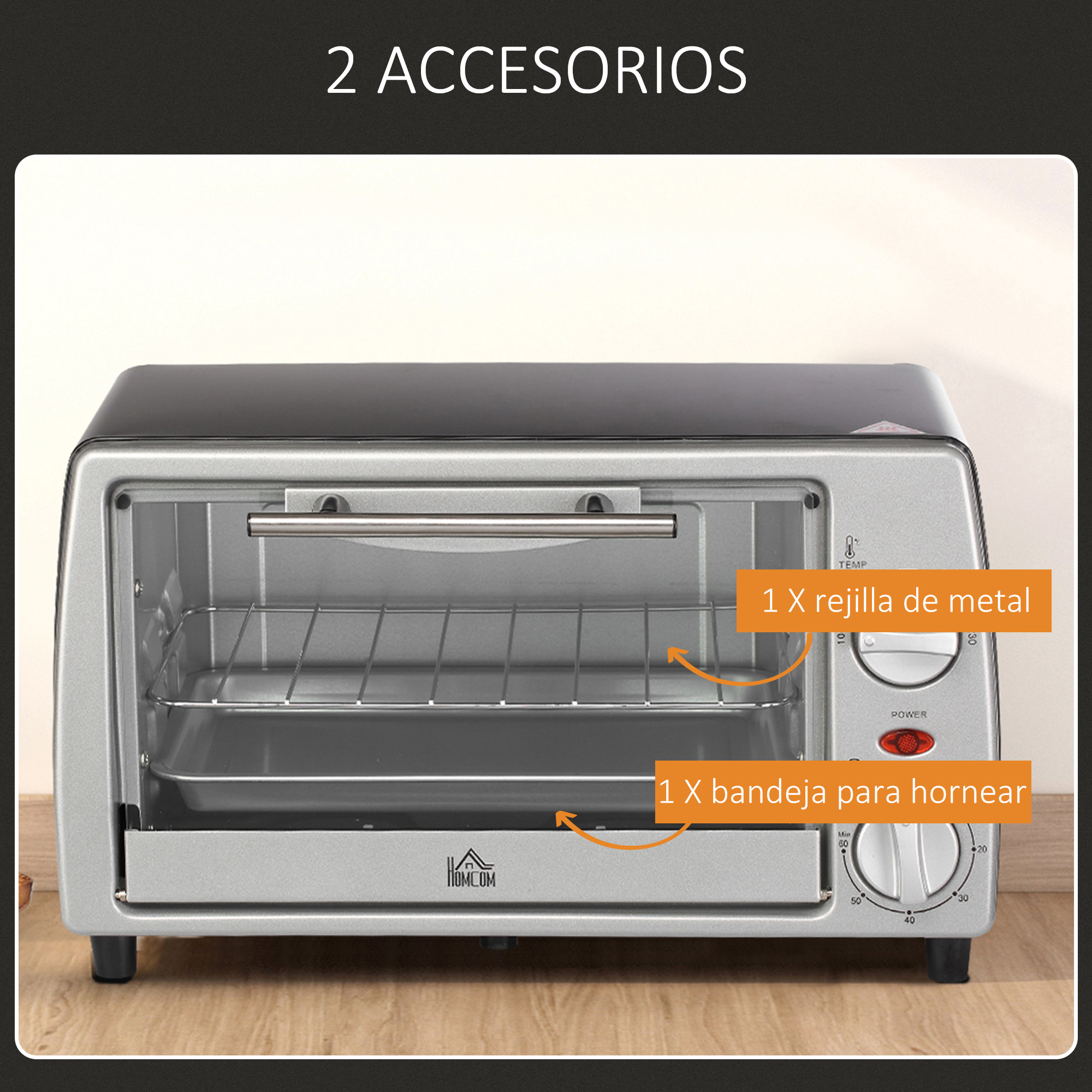 Horno tostador plateado con rejilla metálica y bandeja para hornear. La parte frontal tiene diales de temperatura y potencia.