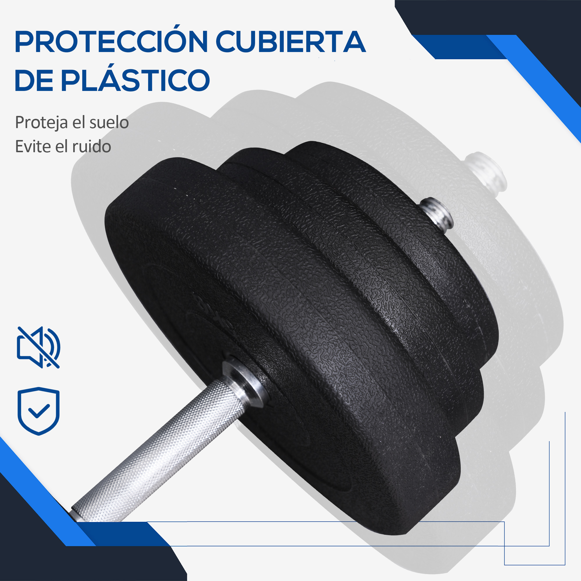 Una pesa negra con una barra, con un texto sobre la protección plástica para proteger el suelo.