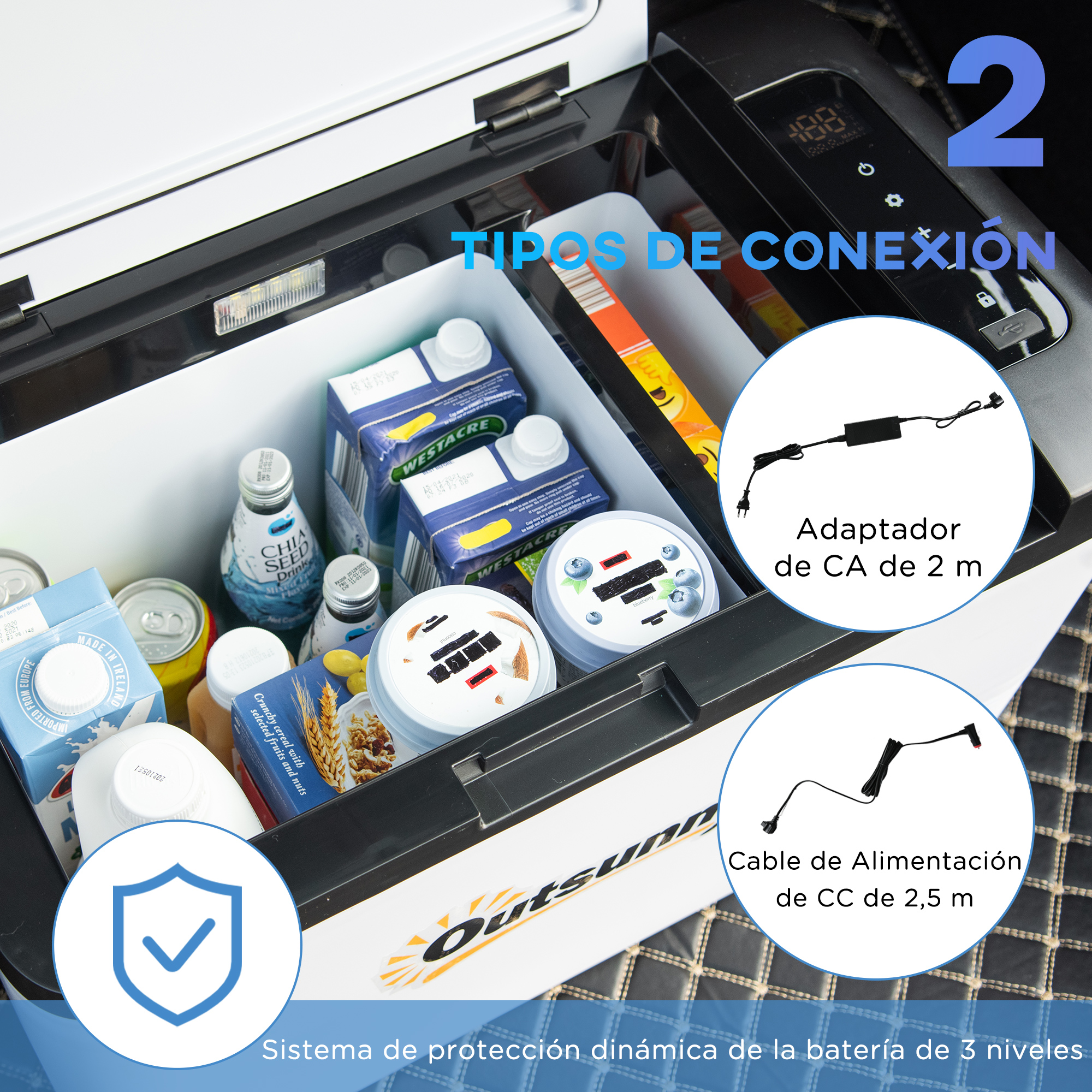Nevera para coche con dos tipos de conexión: adaptador de CA y cable de alimentación de CC. Incluye bebidas y alimentos dentro.