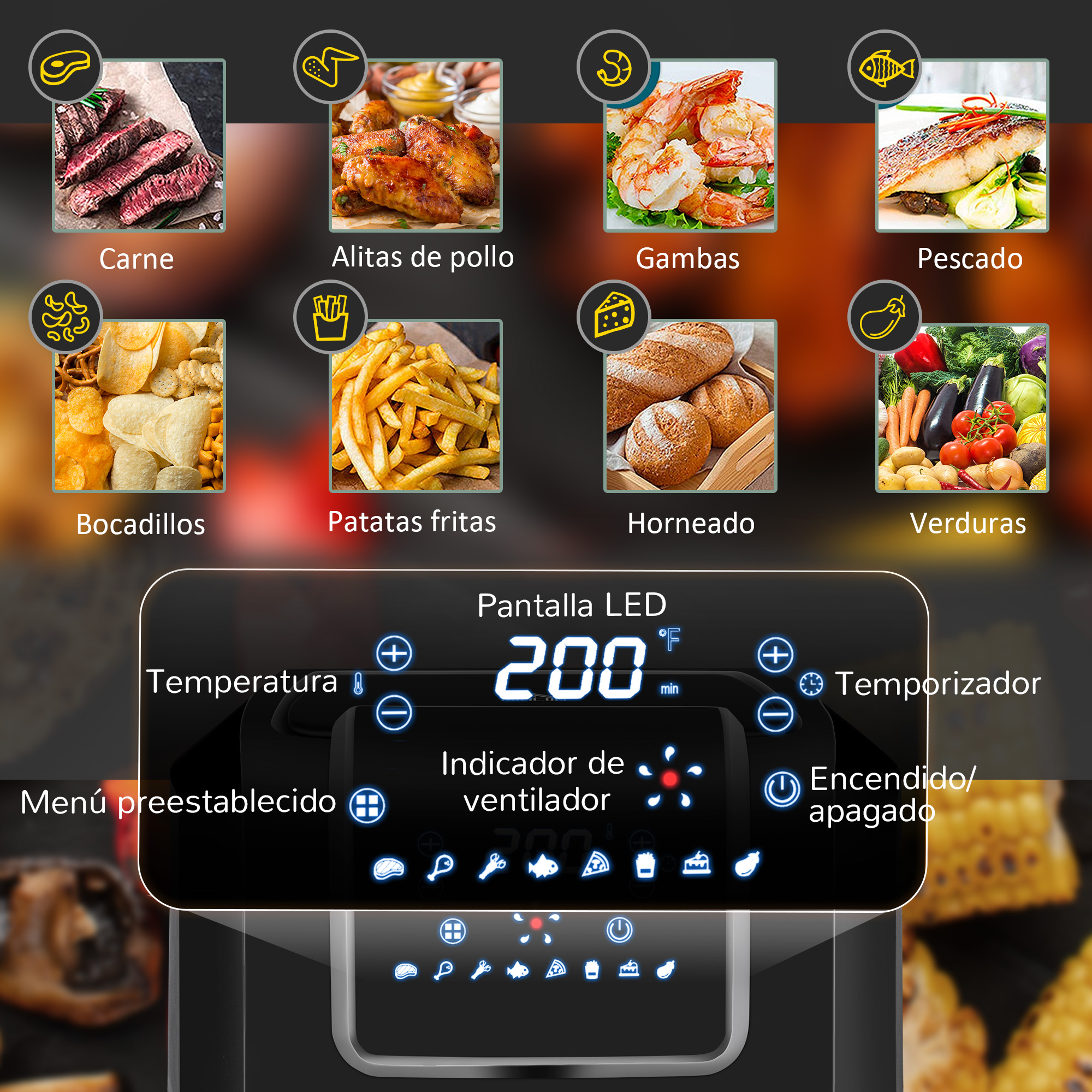 La imagen muestra varios alimentos y un panel de control de freidora de aire con pantalla de temperatura.
