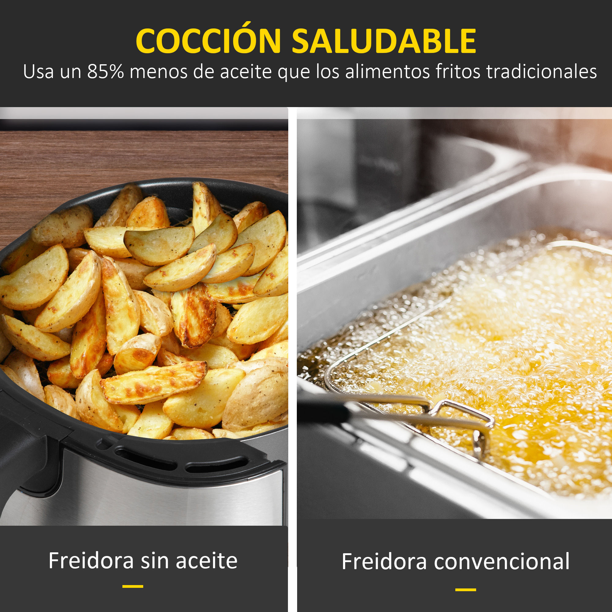 Imagen muestra patatas fritas en una freidora de aire y en una freidora convencional con texto.