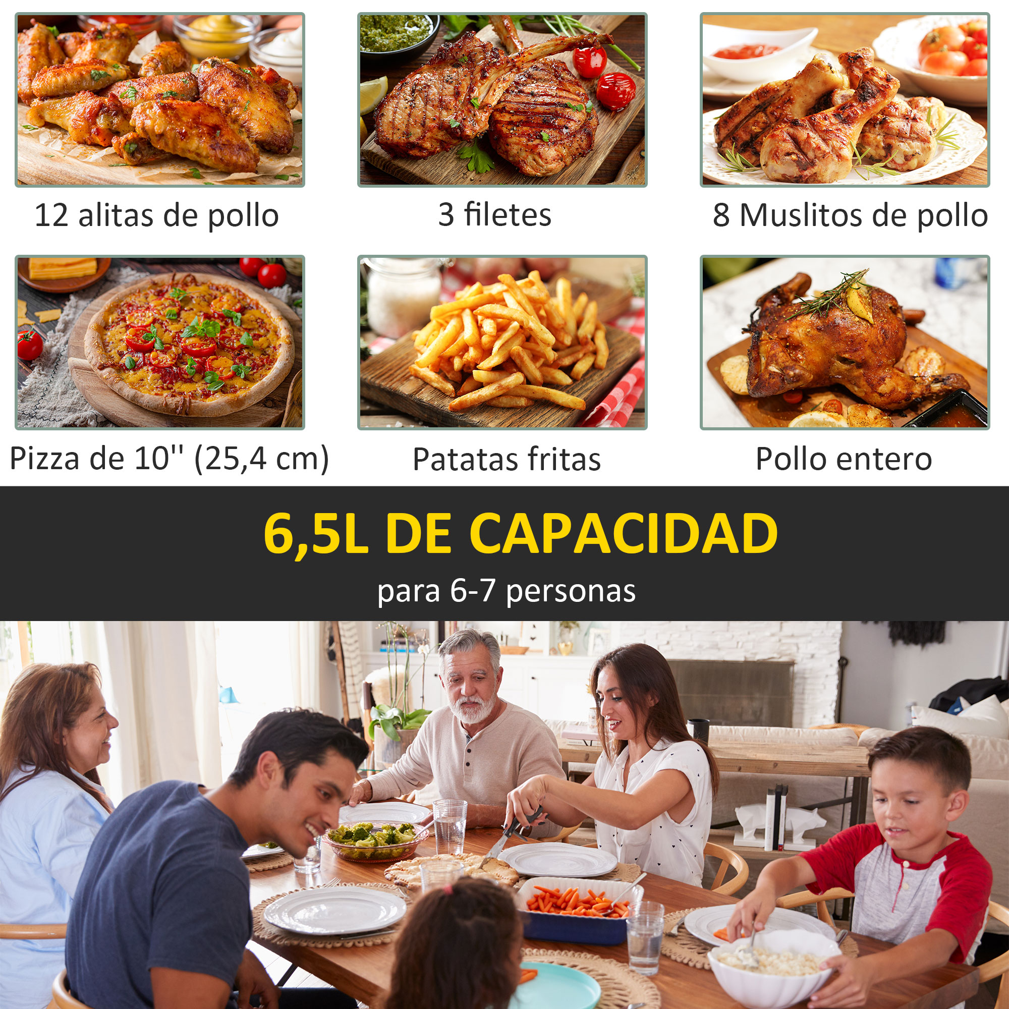 Una familia está comiendo una comida con varios alimentos. Se muestran etiquetas de texto en la imagen.