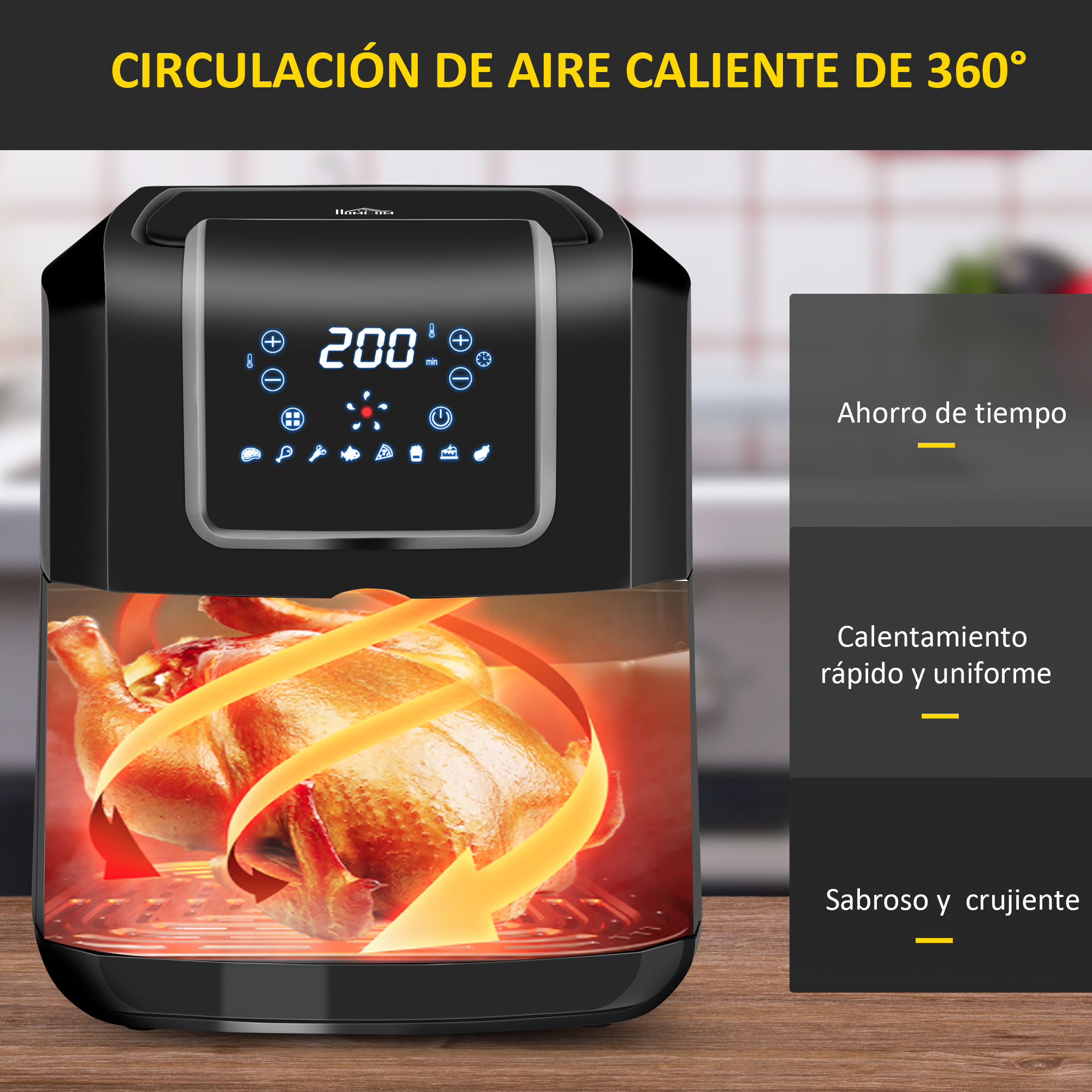 Freidora de aire negra con pantalla digital y pollo dentro. Ofrece ahorro de tiempo, calentamiento rápido y resultados crujientes.