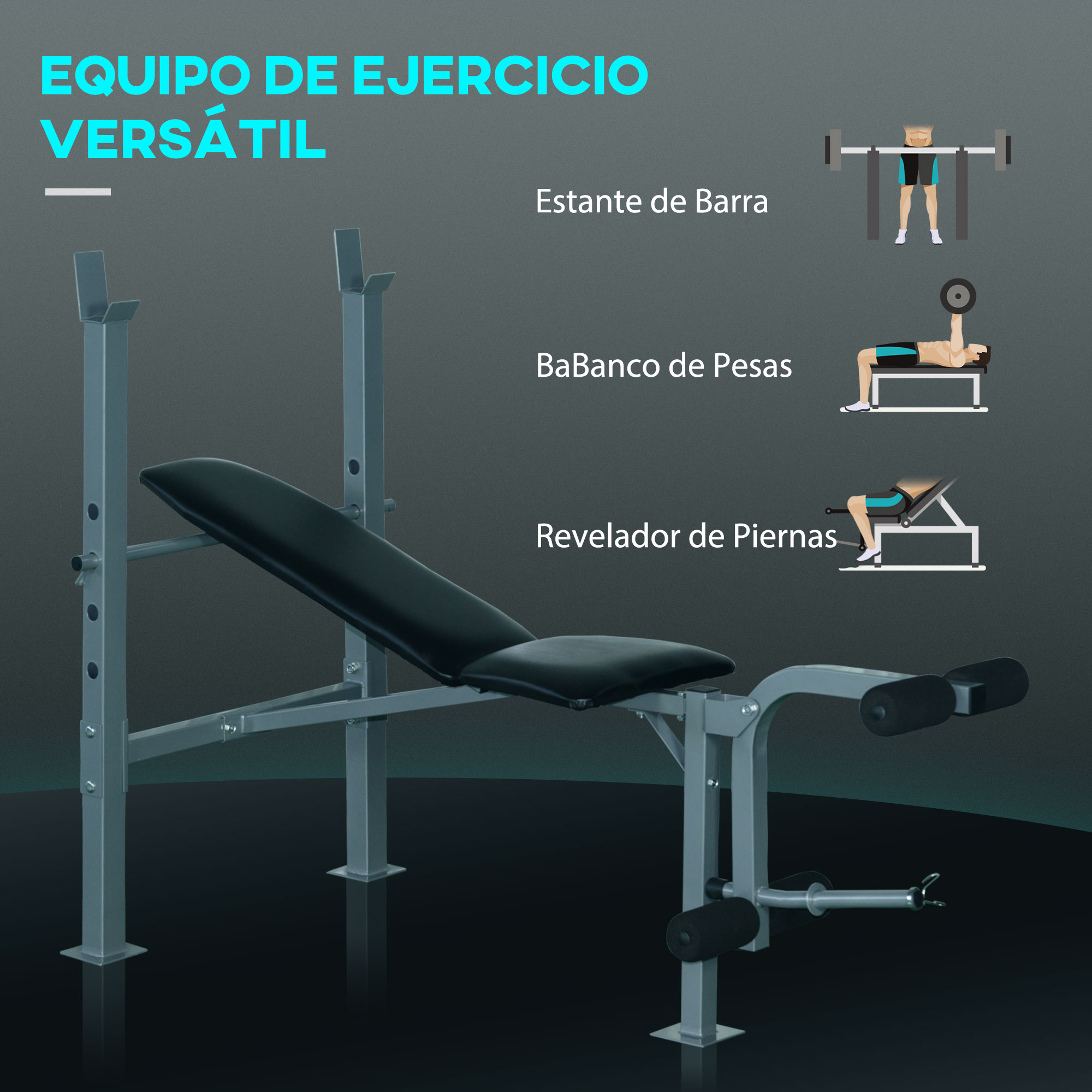 Banco de pesas con soporte para barra, extensor de piernas y una persona usando el banco. Fondo gris.